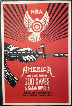 Shepard Fairey Signed Print 2013 God Saves & Satan Invests Street Art Guns Urban