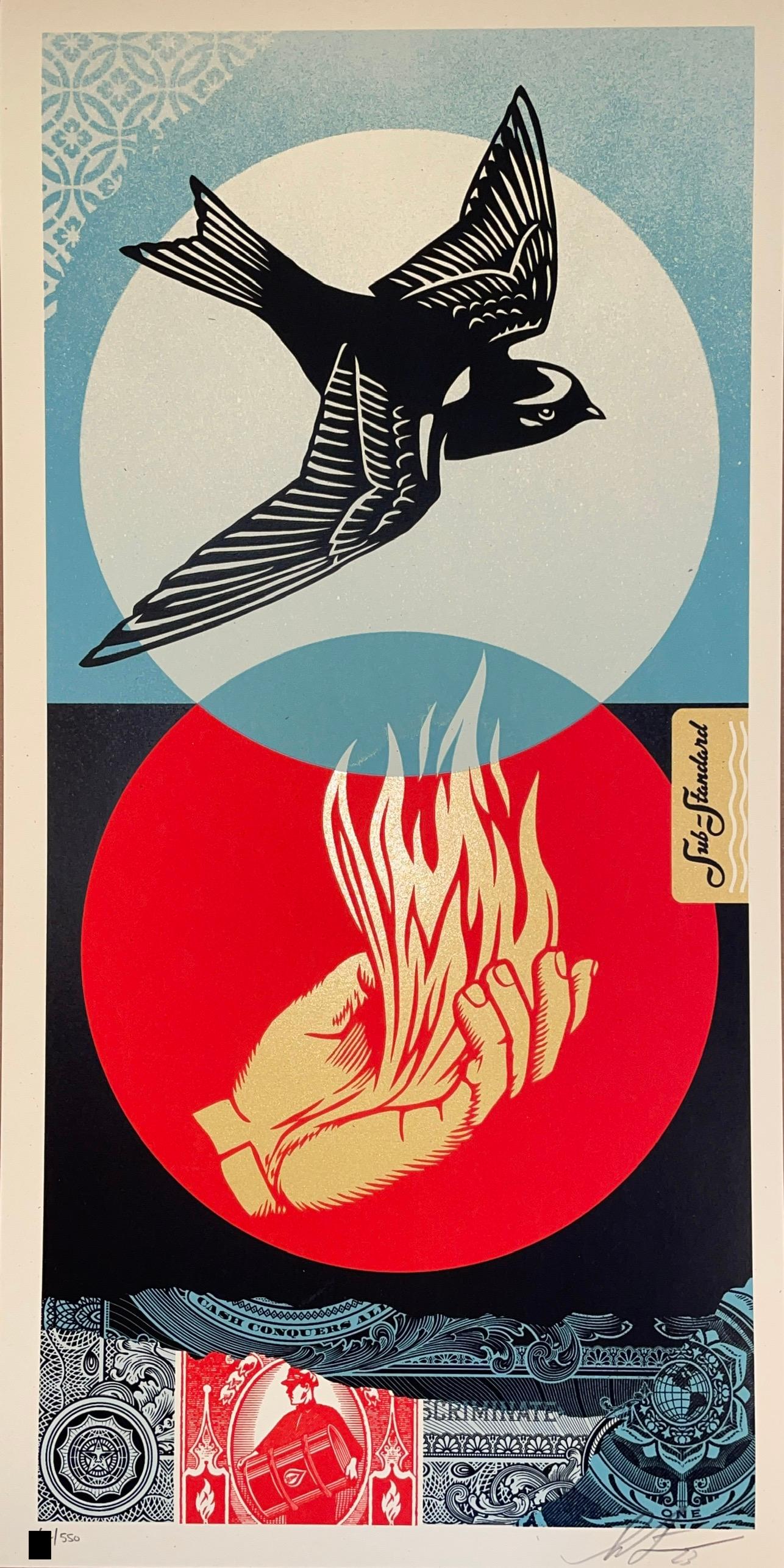 "This print is a comment on the relationship between corporate greed, fossil fuels, and the warming of the planet and collapsing ecosystems. Standard operating, pushed by players like Standard Oil and its many offshoots, should be redefined as