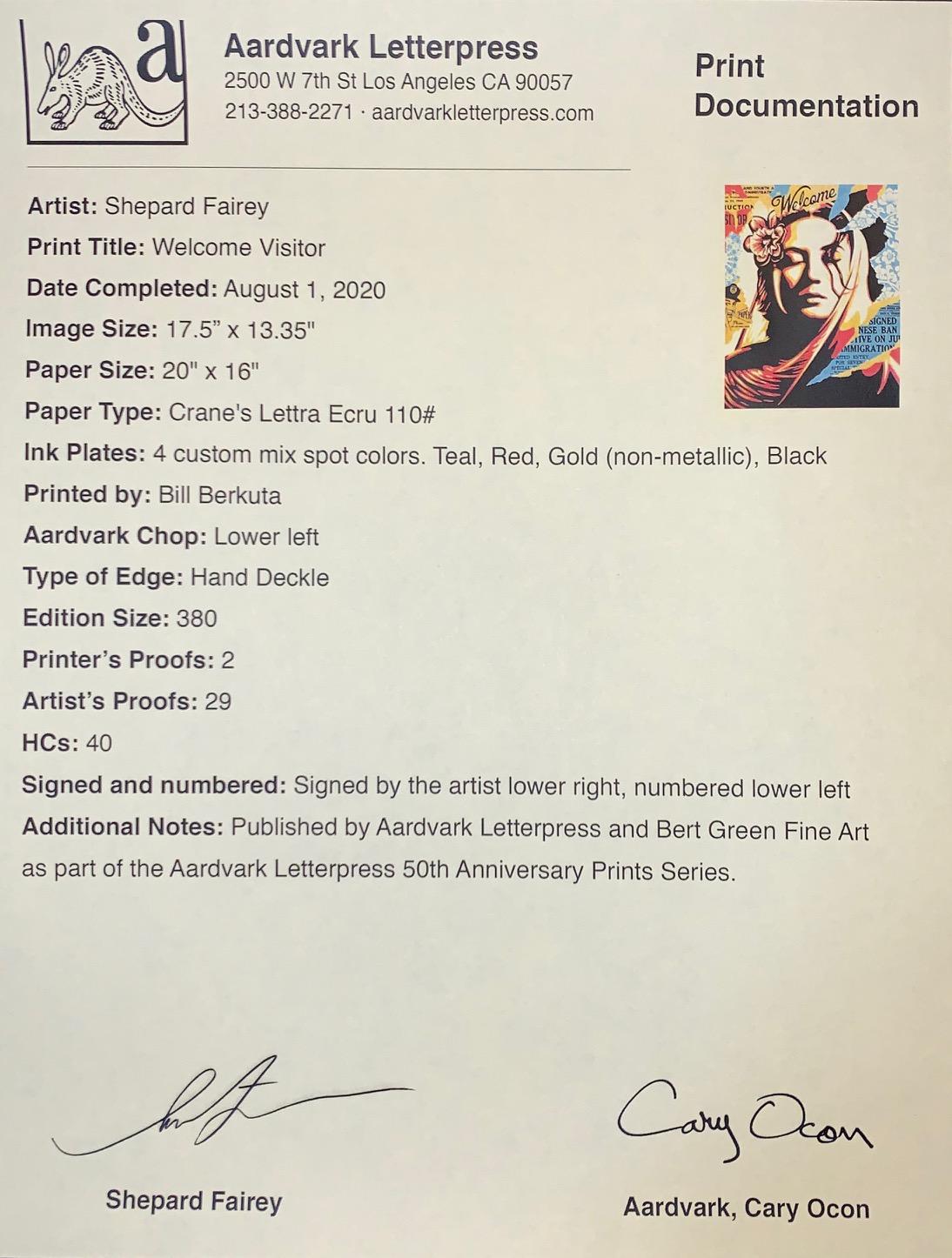 Shepard Fairey Welcome Visitor Letterpress 2020 Aardvark Letterpress Obey Giant For Sale 1