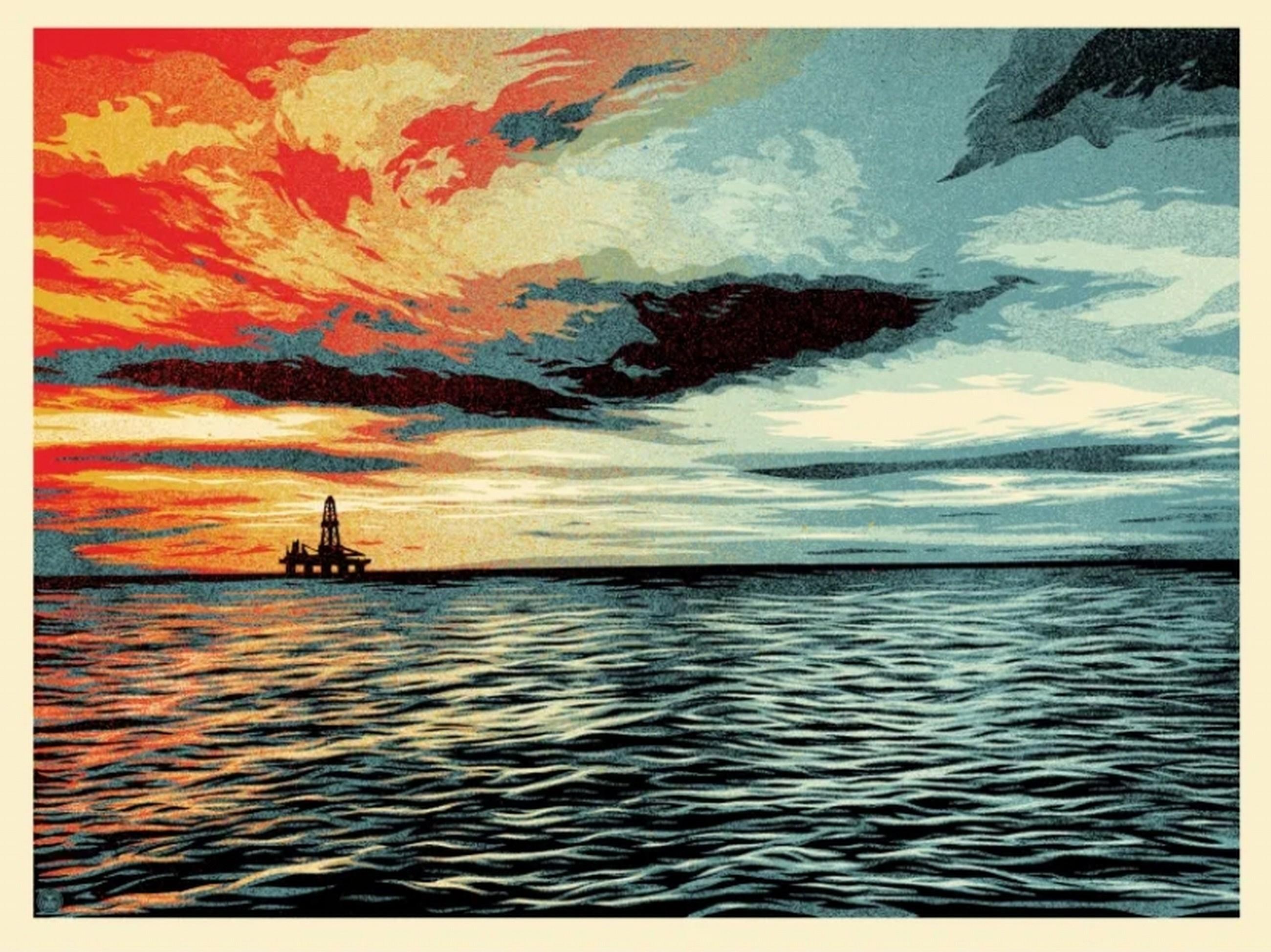 Sonnenuntergang als Herbstbegriff (Oil Spill, Santa Barbara, Umweltschutz) – Print von Shepard Fairey