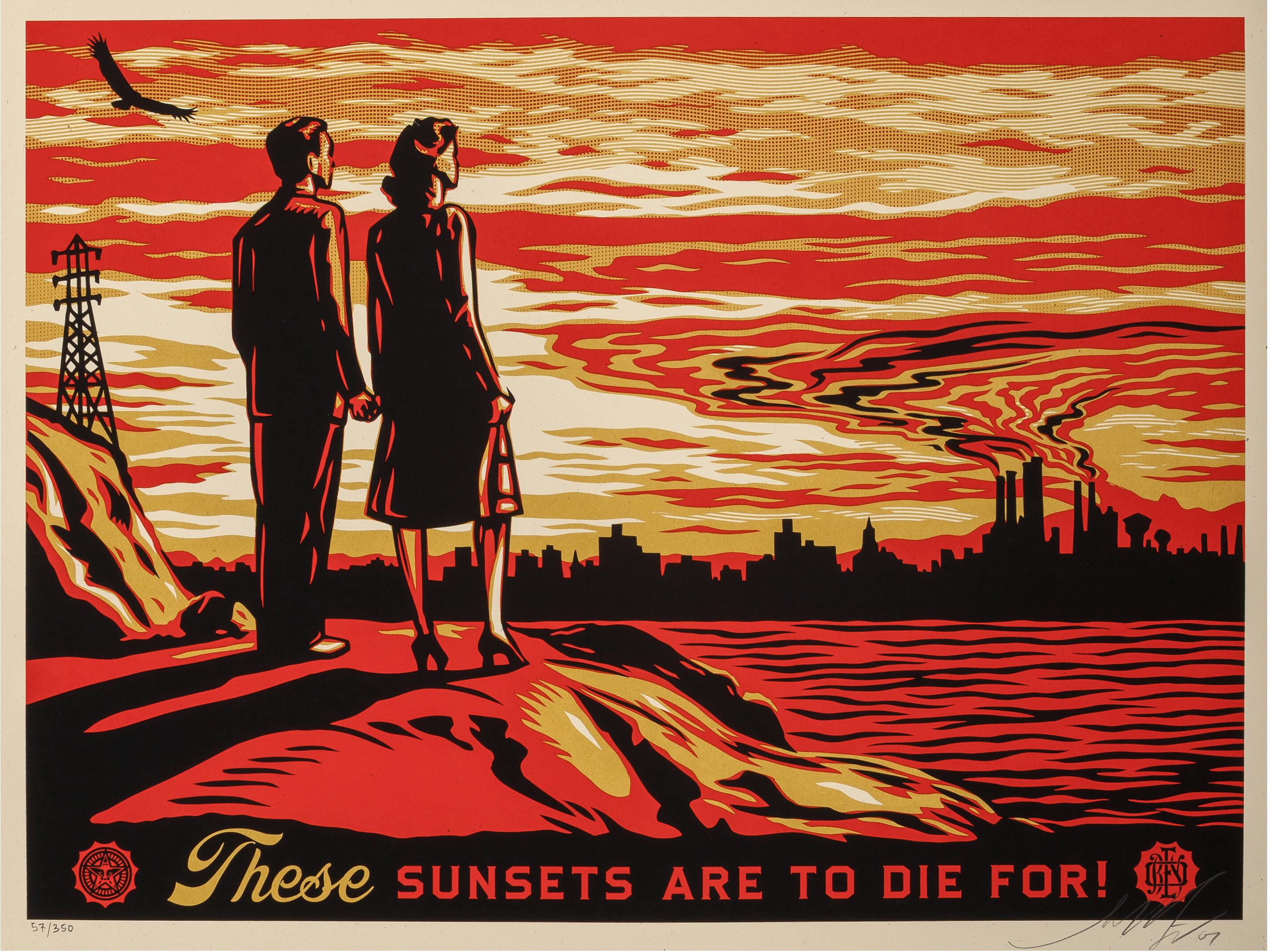 "Sunset to Die For, 2007" SIGNED Screenprint in Colors on Speckled Paper - Print by Shepard Fairey