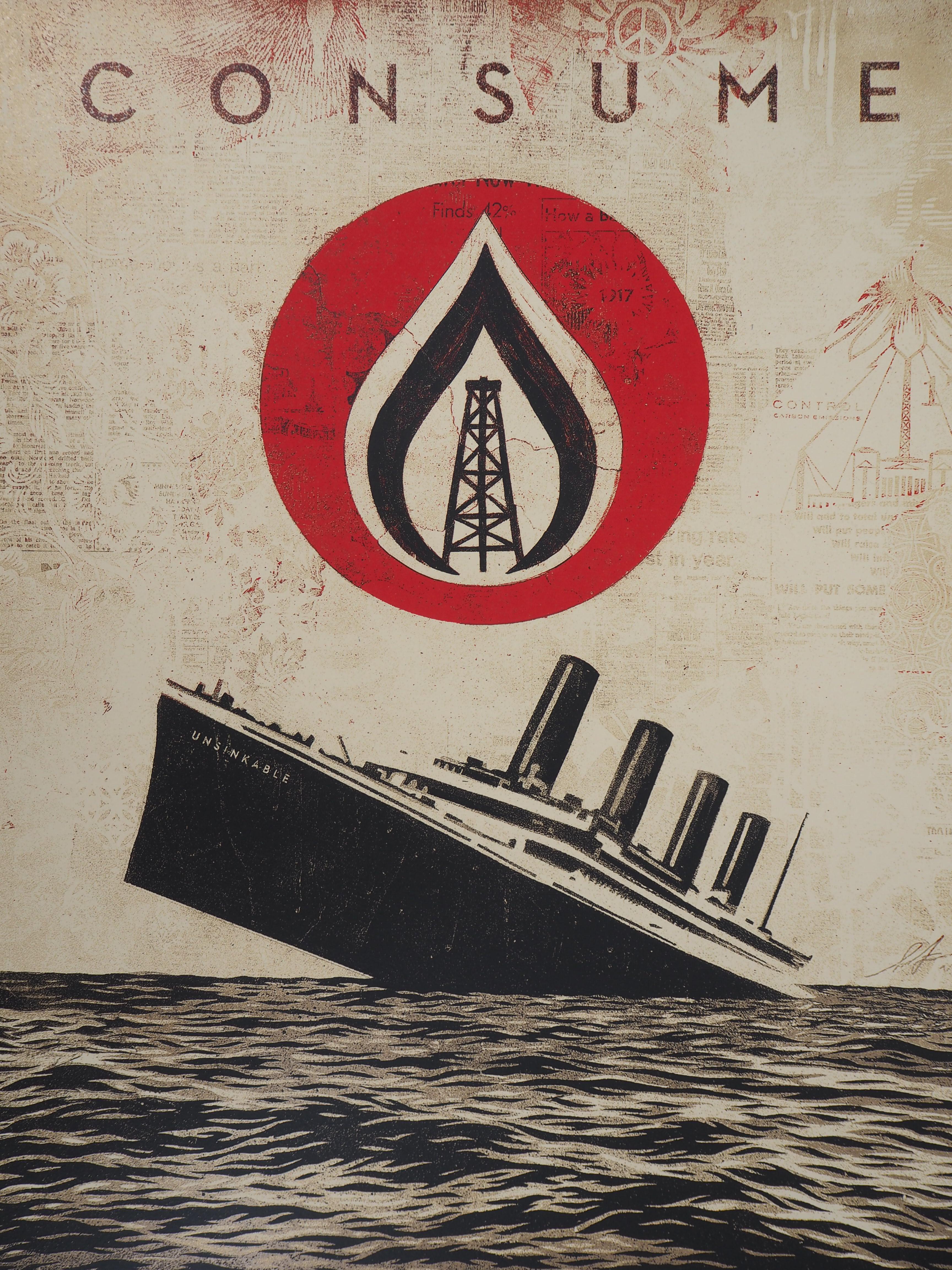 Titanic : Consume - Original Handsigned and Numbered Screen Print - Brown Figurative Print by Shepard Fairey