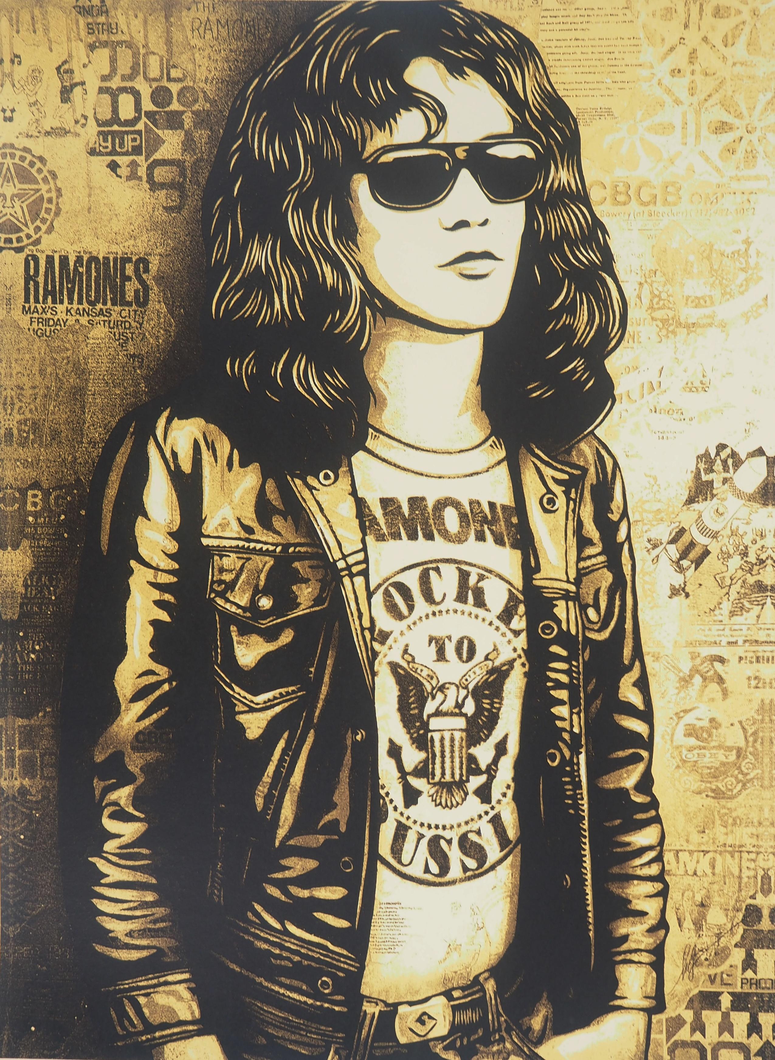 Tommy Ramone Collage (Gold) - Original Handsigned Screen Print - Beige Figurative Print by Shepard Fairey