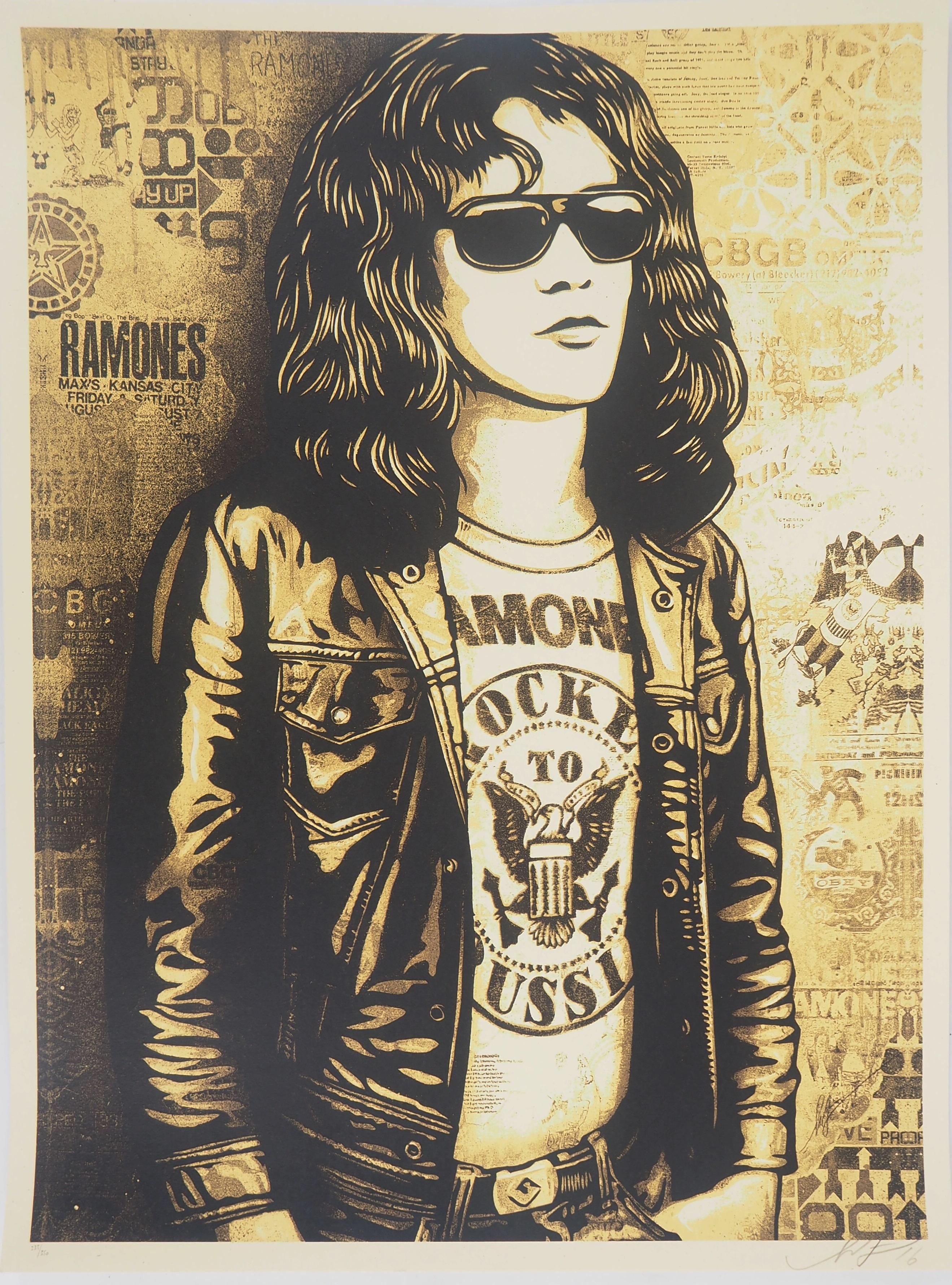 Shepard Fairey Figurative Print - Tommy Ramone Collage (Gold) - Original Handsigned Screen Print