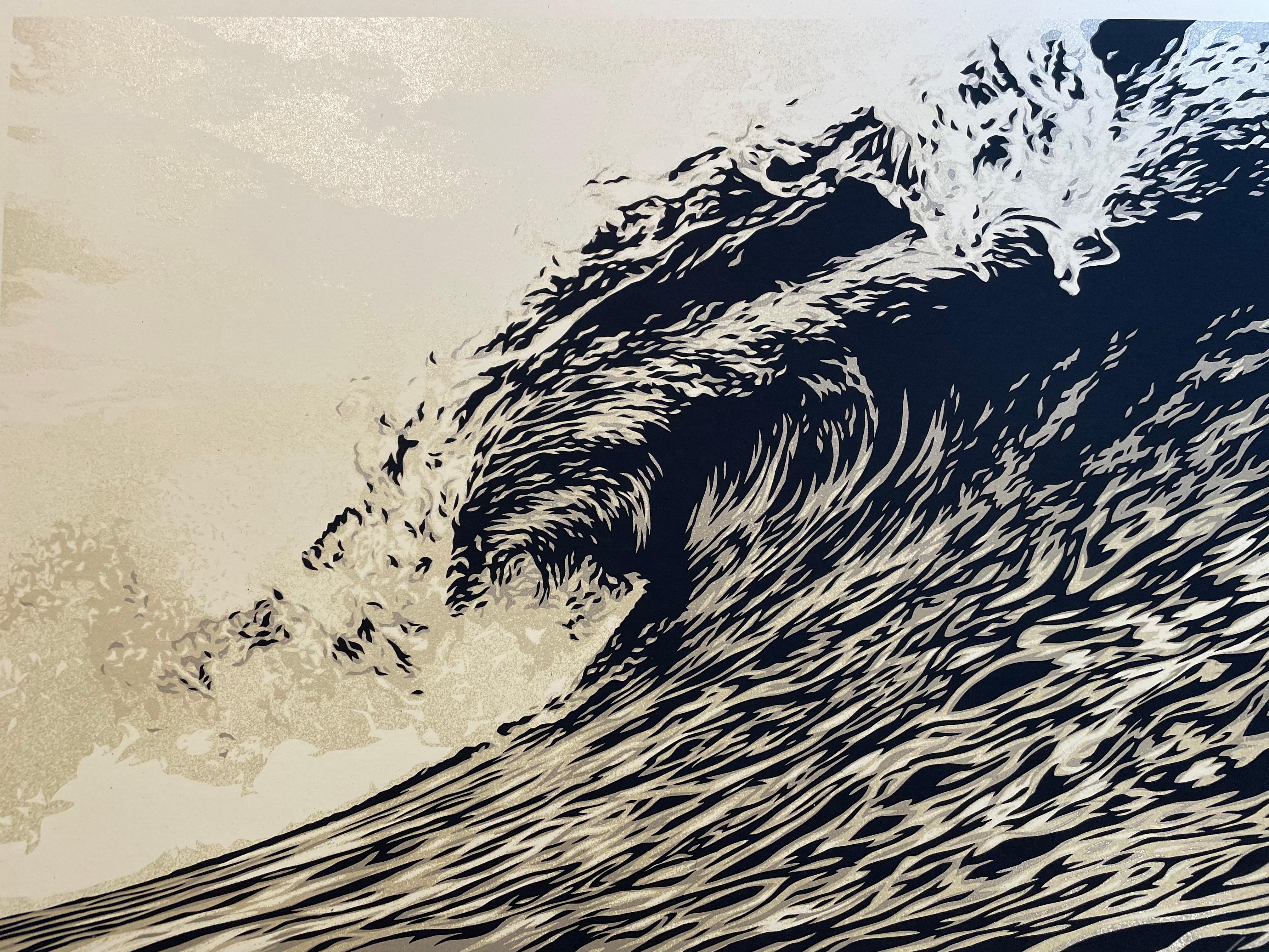 Welle von Distress Shepard Fairey Druck Obey Giant Weltwassertag Sephia Gold Pop im Angebot 1