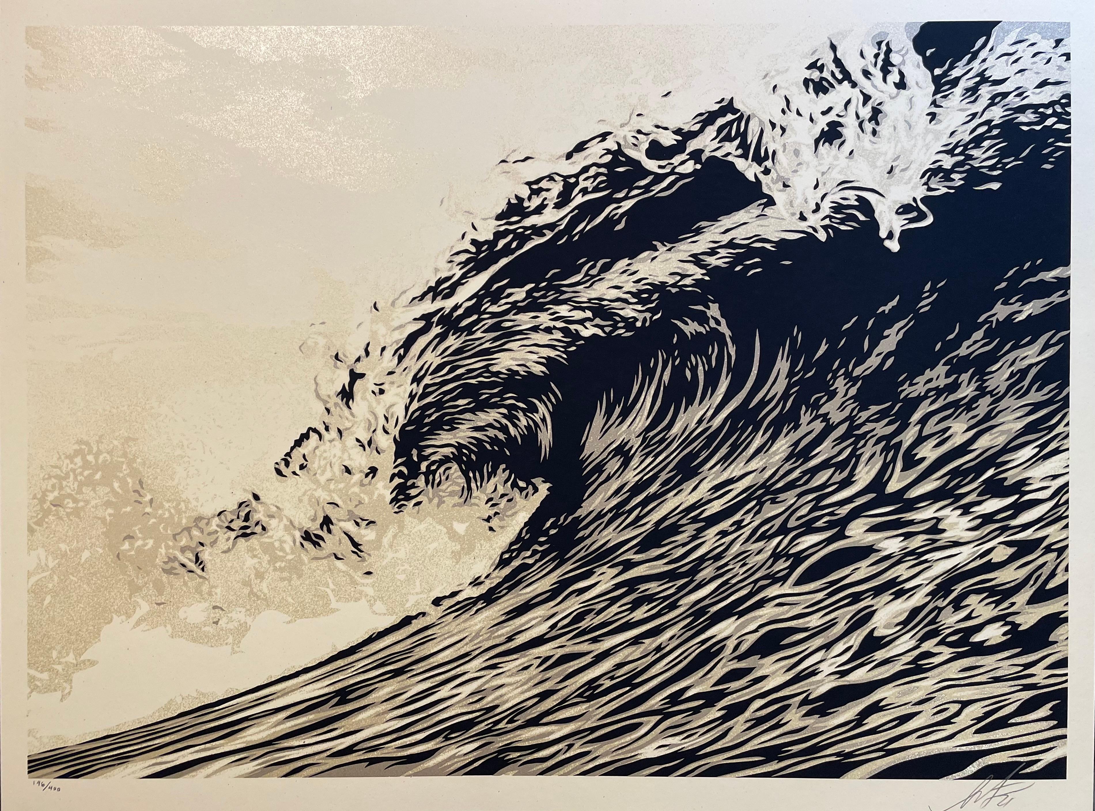 Welle von Distress Shepard Fairey Druck Obey Giant Weltwassertag Sephia Gold Pop im Angebot 2
