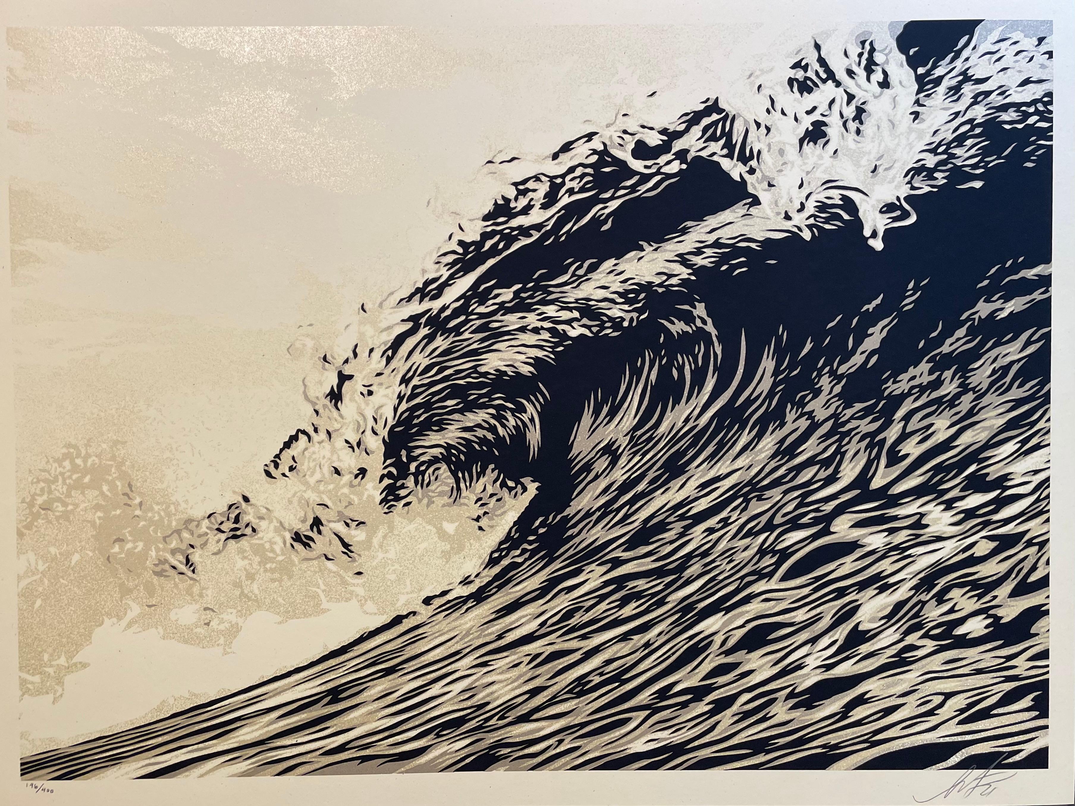 Welle von Distress Shepard Fairey Druck Obey Giant Weltwassertag Sephia Gold Pop im Angebot 3