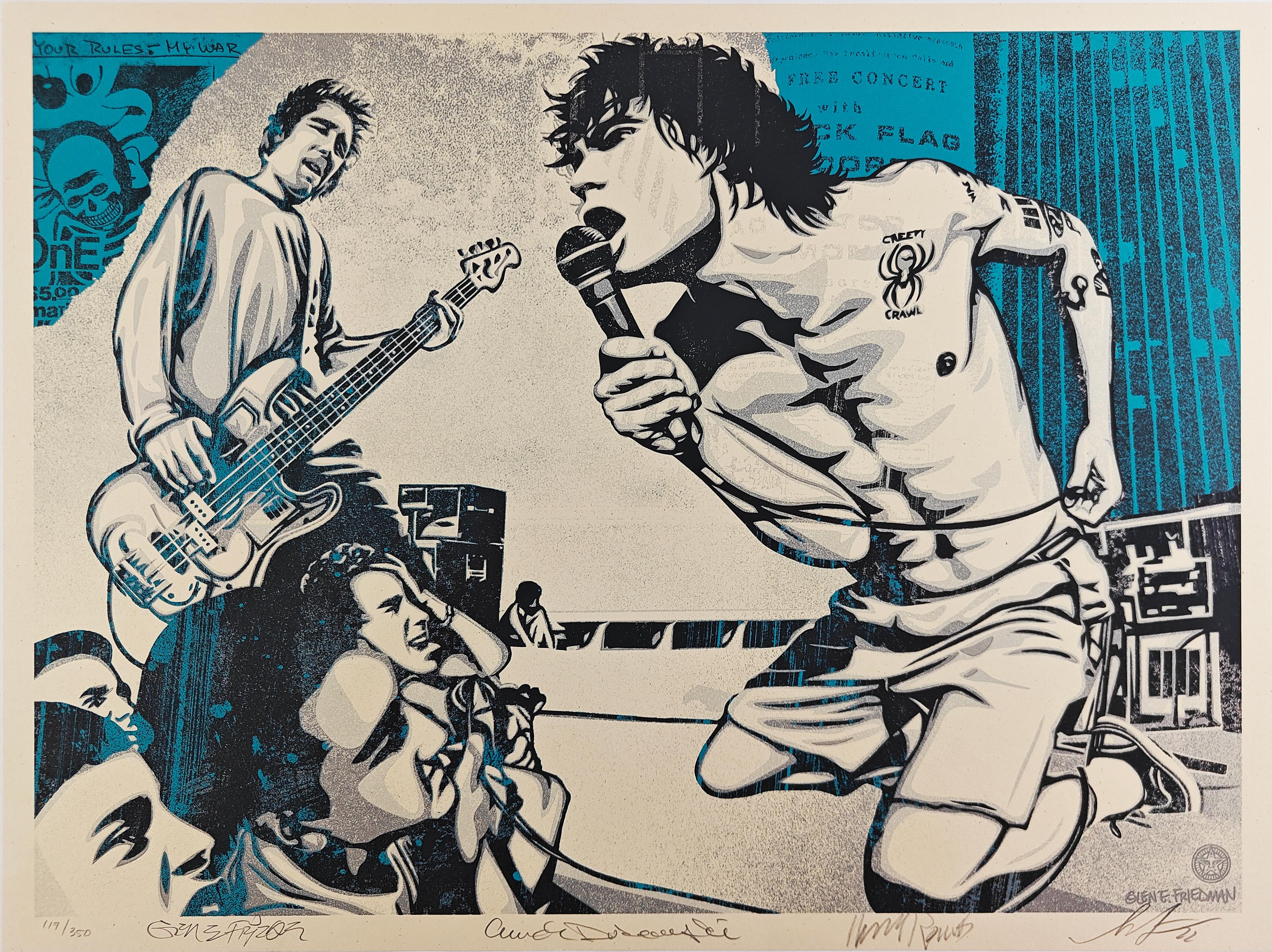 Deine Regeln mein Krieg (Blau)
24 Zoll mal 18 Zoll
Auflage von 350
2022

117/350

Shepard: "Die Band Black Flag hat mich wahrscheinlich am meisten beeinflusst, was die Intensität ihrer Musik, ihrer Texte, ihrer Kunst und ihres DIY-Ethos angeht.
