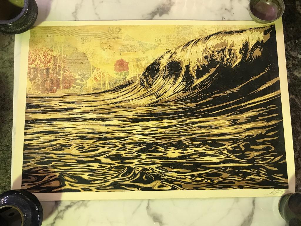 Contemporary Shepard Fairey Signed Lithograph Dark Black Wave