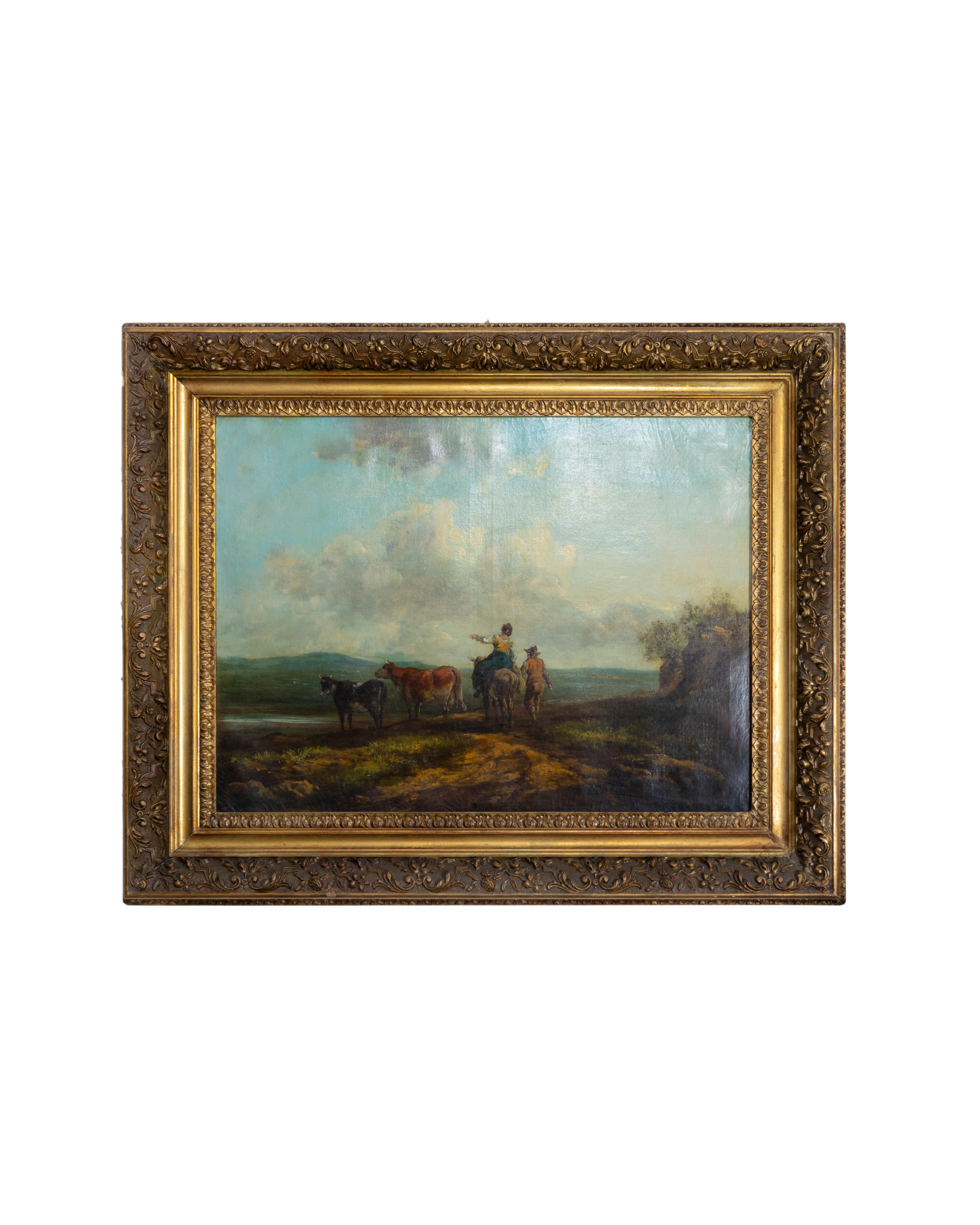 Oiled Shepherd Barbizon Oil Painting, After Charles Ceramano For Sale