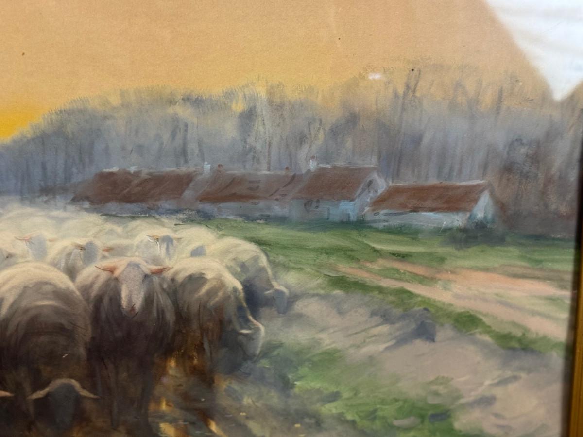 Louis XIII ‘Shepherd and his flock’, watercolour on paper, signed Maurice Hagemans For Sale