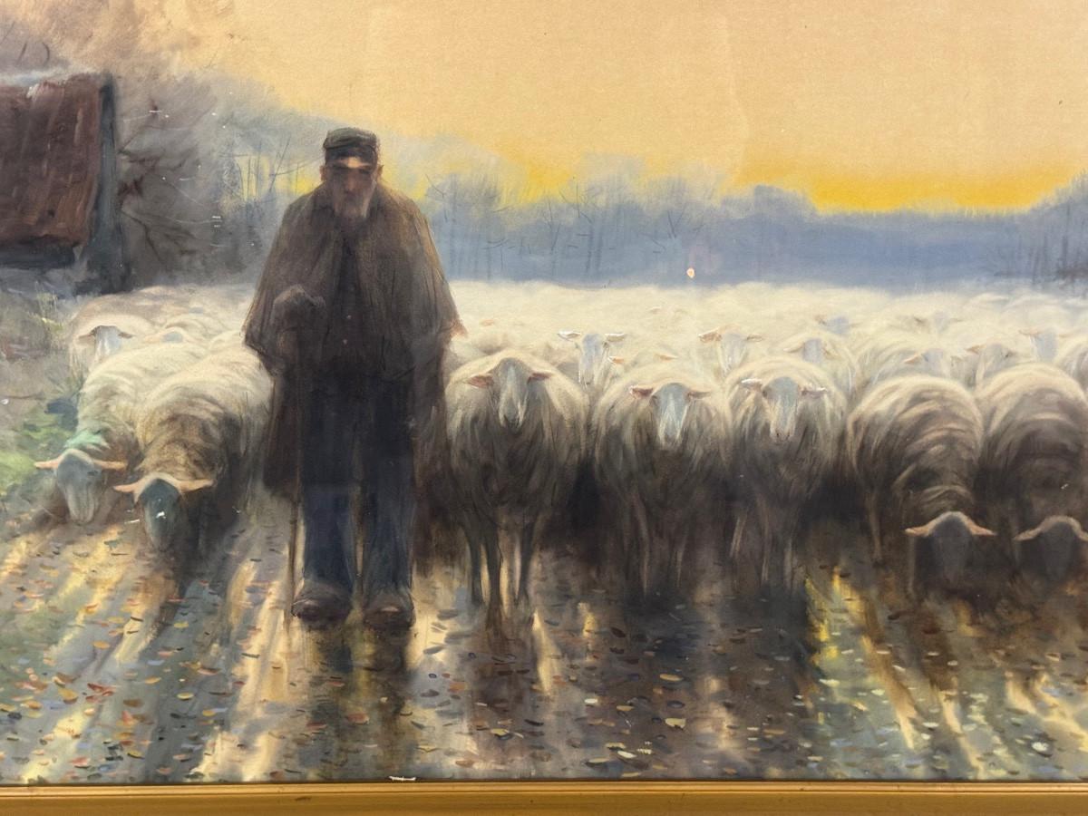 French ‘Shepherd and his flock’, watercolour on paper, signed Maurice Hagemans For Sale