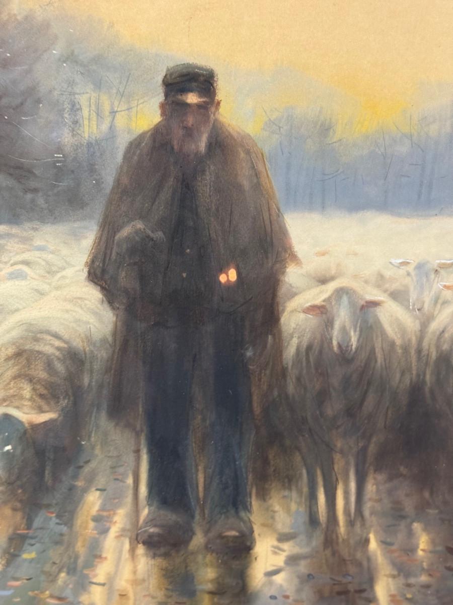 ‘Shepherd and his flock’, watercolour on paper, signed Maurice Hagemans In Good Condition For Sale In Honnelles, WHT