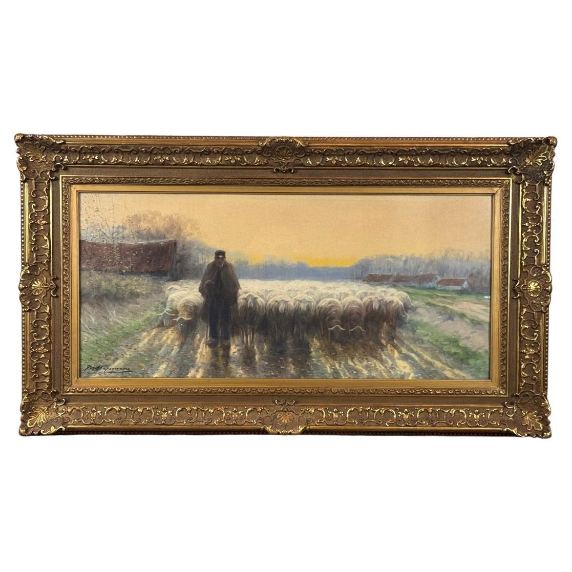 ‘Shepherd and his flock’, watercolour on paper, signed Maurice Hagemans For Sale