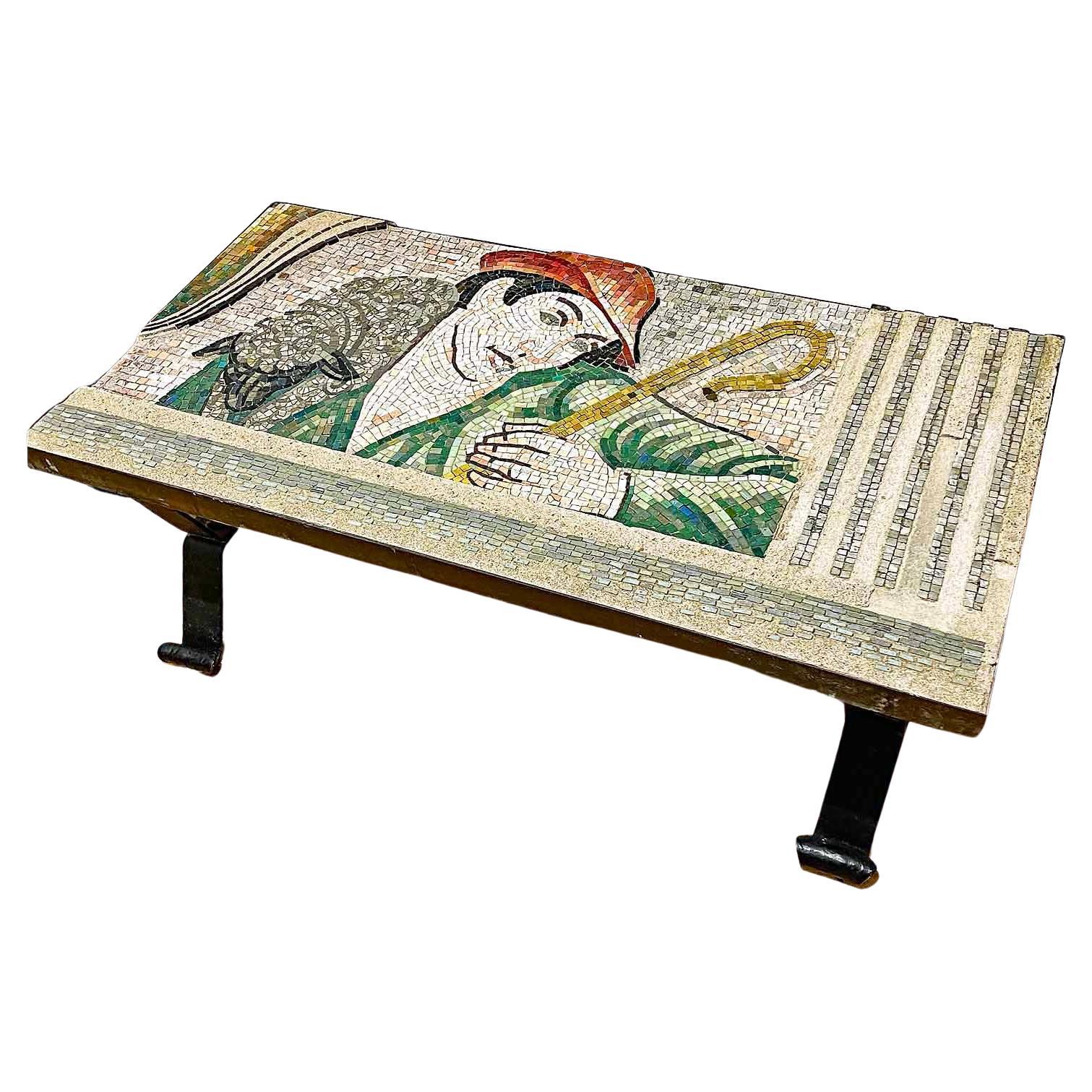 "Shepherd and Sheep", Stunning Art Deco Mosaic Table in Green, Red and Gold For Sale