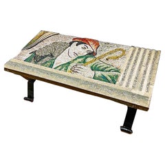 "Shepherd and Sheep", Stunning Art Deco Mosaic Table in Green, Red and Gold
