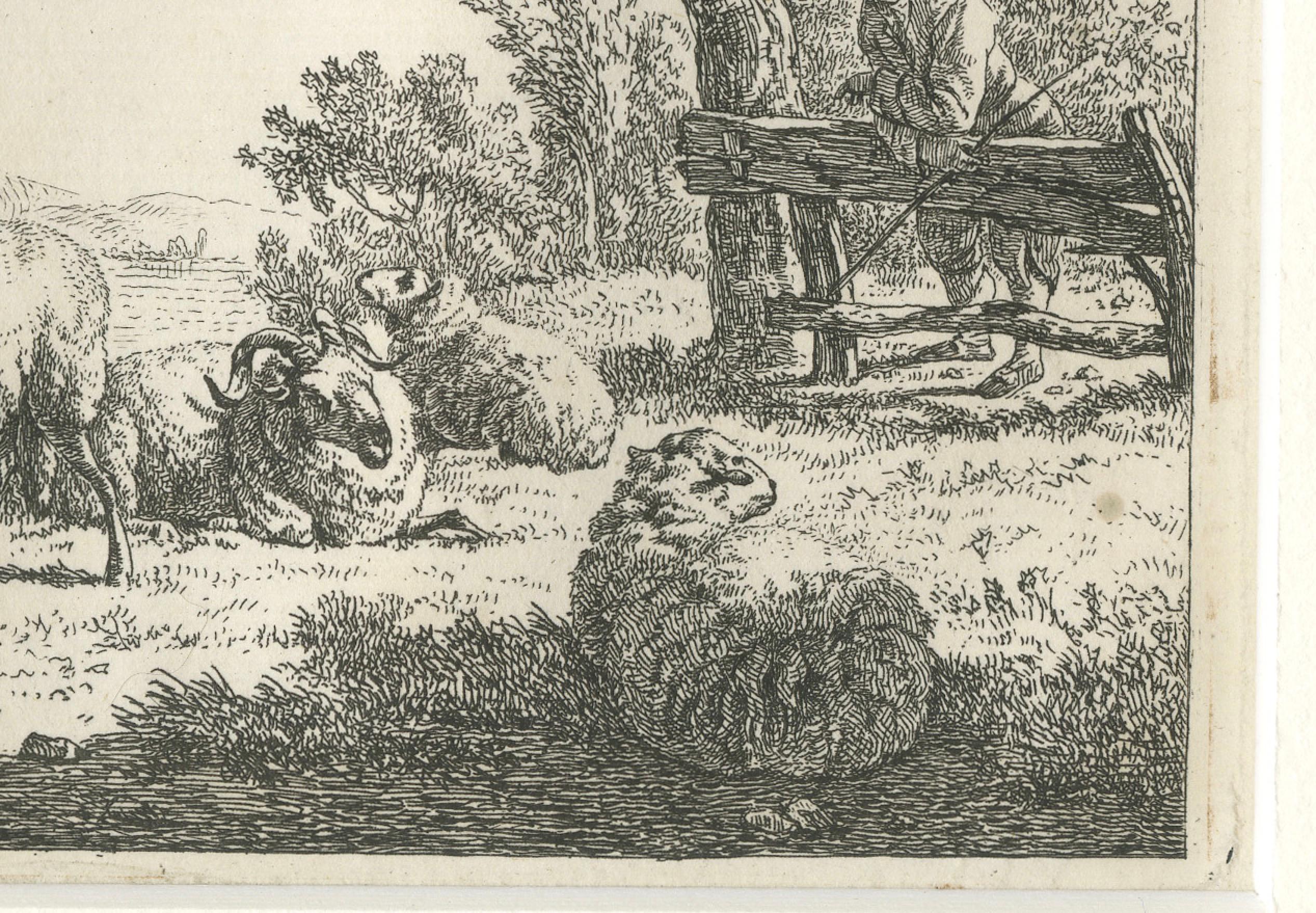 Shepherd Resting Against a Fence – 18th-Century Etching by F. Faber  

This finely detailed etching by F. Faber, titled 'Schaapherder leunend tegen hek' (Shepherd Resting Against a Fence), depicts a tranquil pastoral scene featuring a shepherd