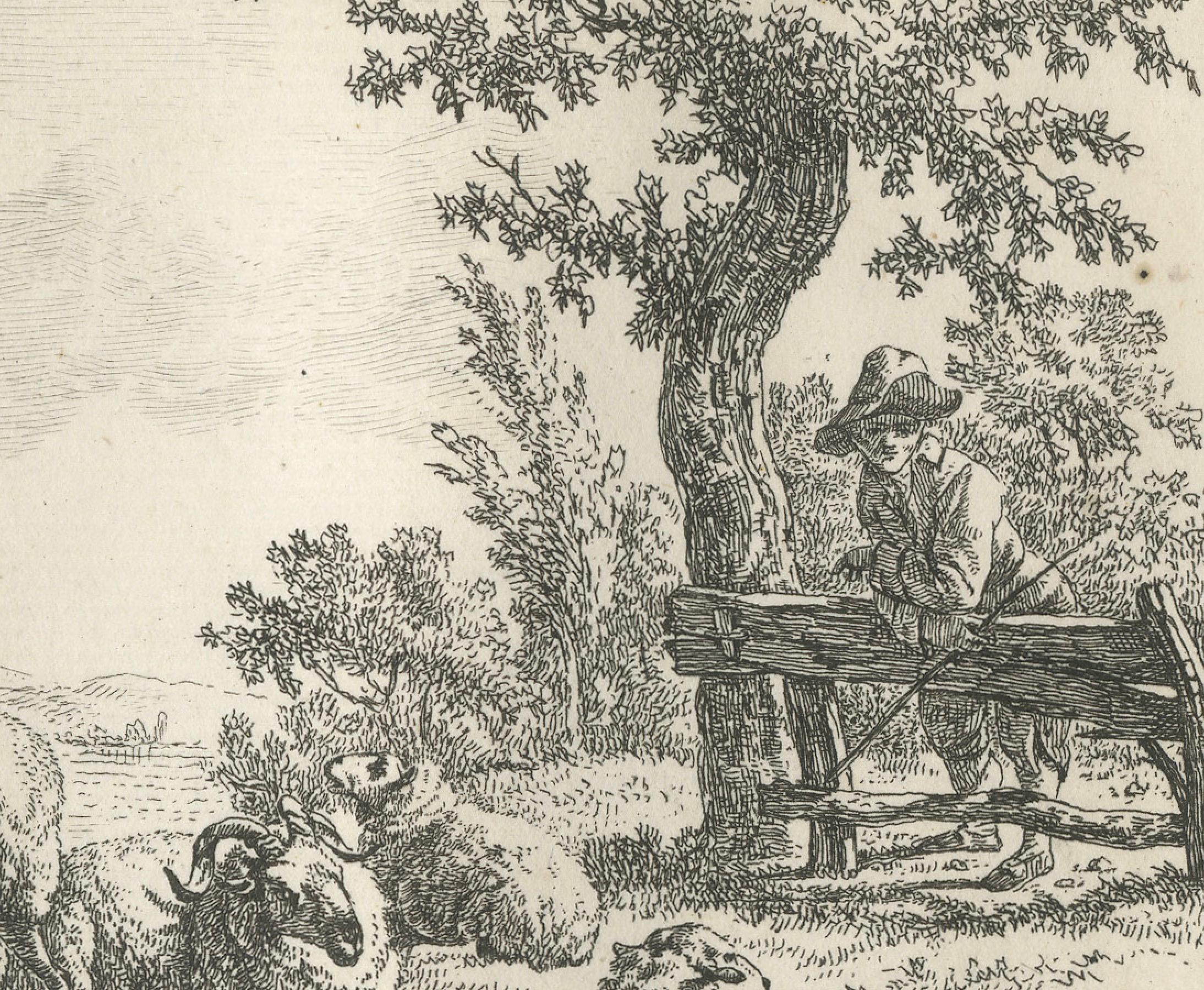 Shepherd Resting Against a Fence – 18th-Century Etching by F. Faber In Good Condition For Sale In Langweer, NL