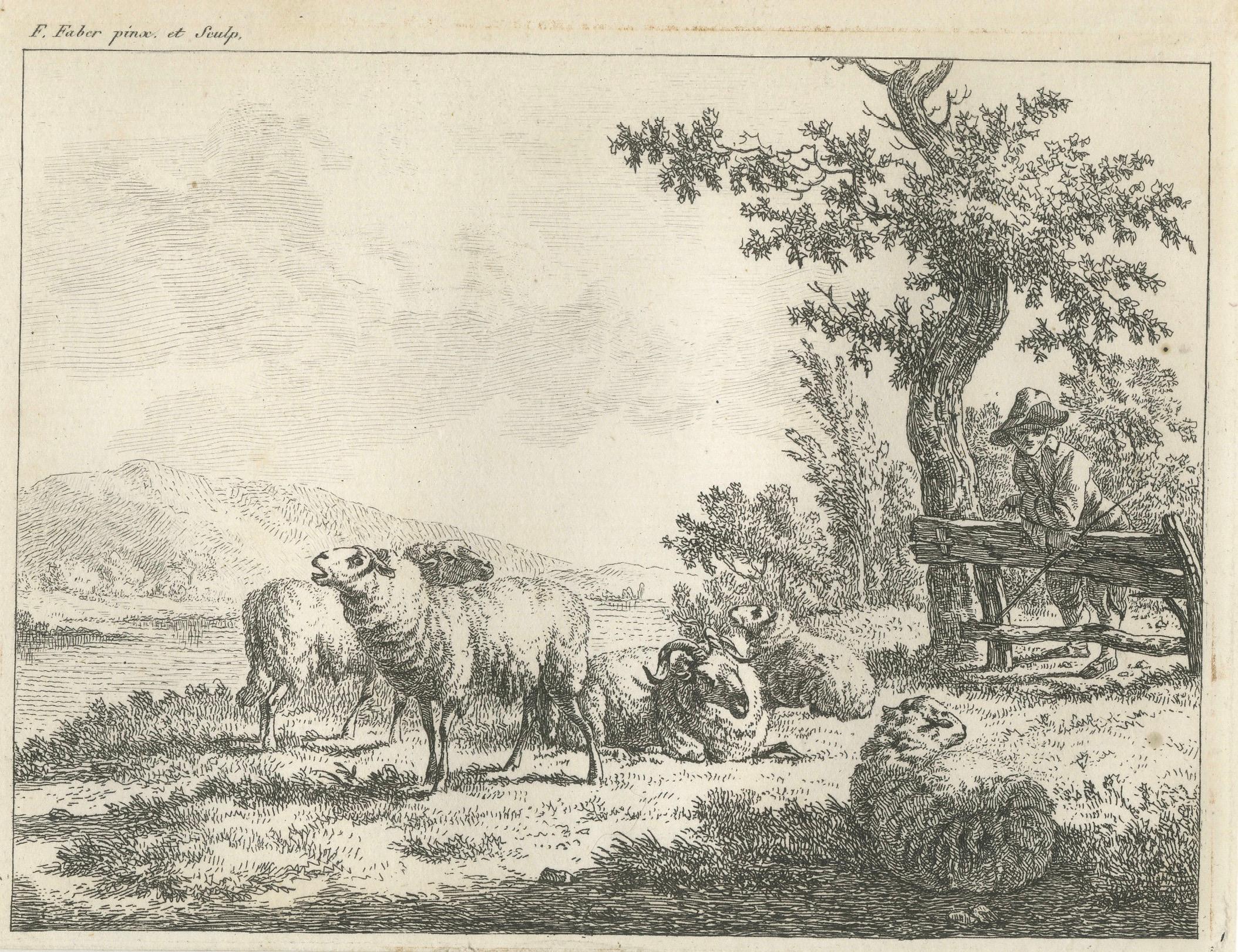 Paper Shepherd Resting Against a Fence – 18th-Century Etching by F. Faber For Sale