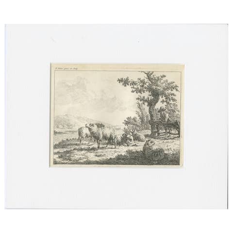 Shepherd Resting Against a Fence – 18th-Century Etching by F. Faber