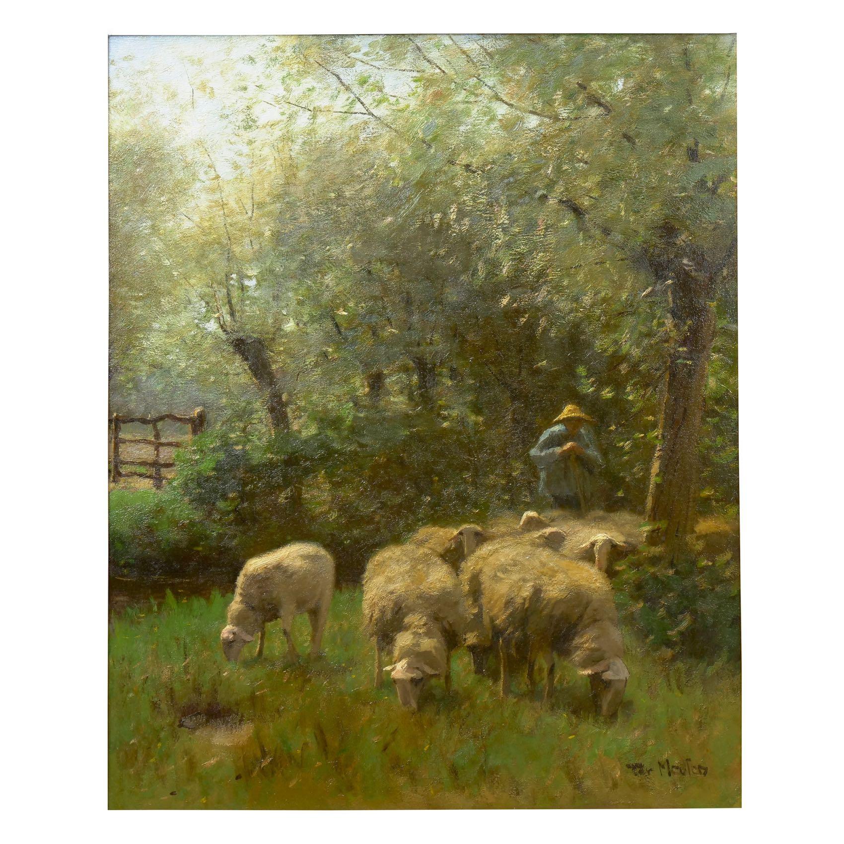 Shepherd W/ Sheep Barbizon Oil Painting by Francois Ter Meulen
