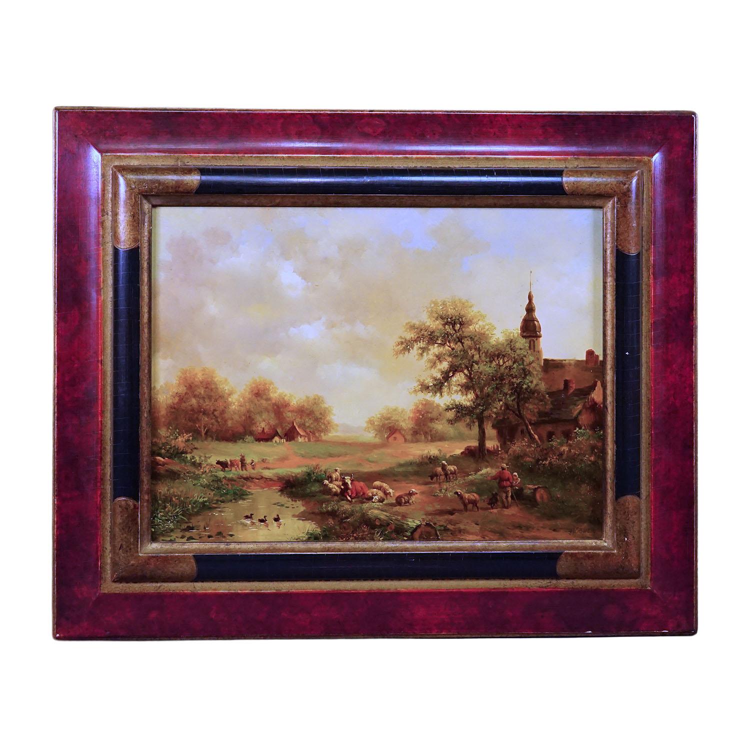 Shepherd with Herd in a Victorian Landscape, Oil on Wood 19th century

An original antique oil painting showing a shepherd with his sheeps and cows resting on a pond. Painted in oil on wood, signed Huebner. A great original Biedermeier style