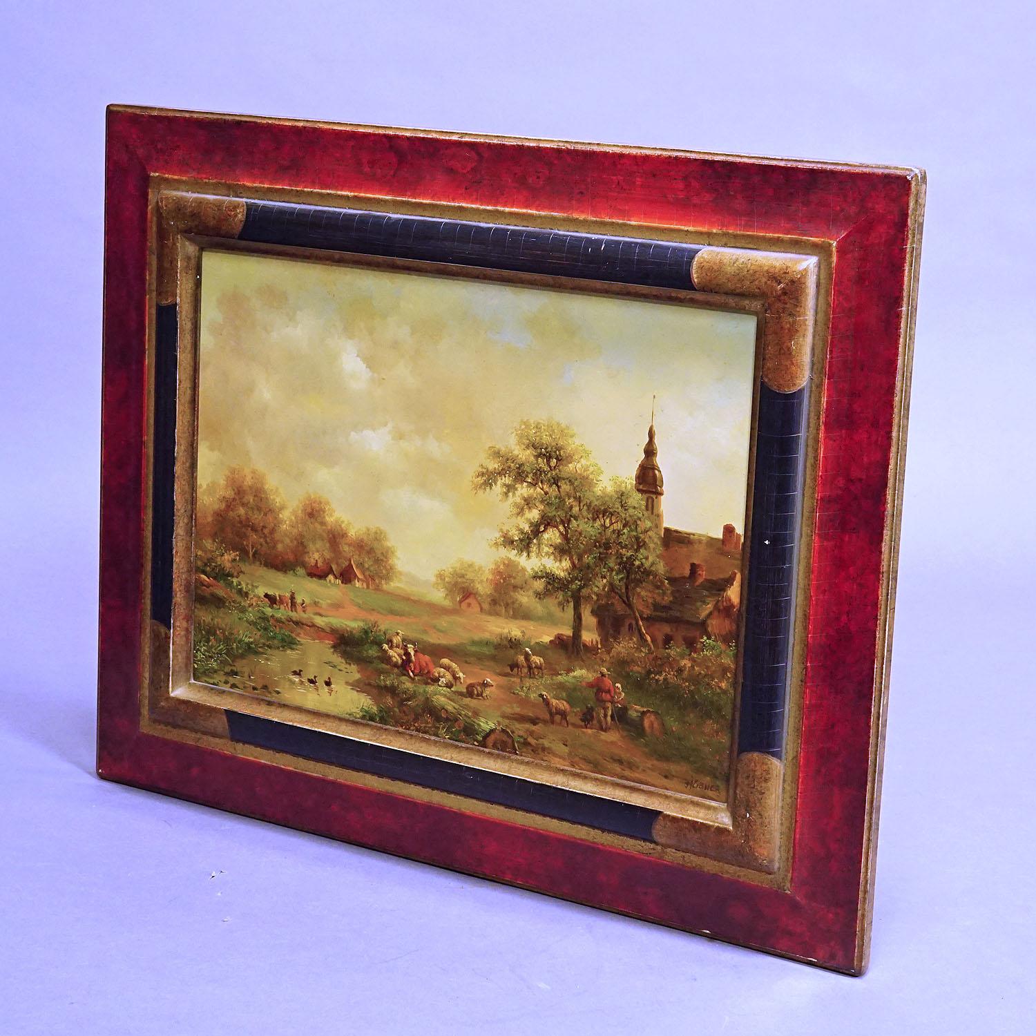 Biedermeier Berger avec son troupeau dans un paysage victorien, Huile sur Wood 19e siècle en vente