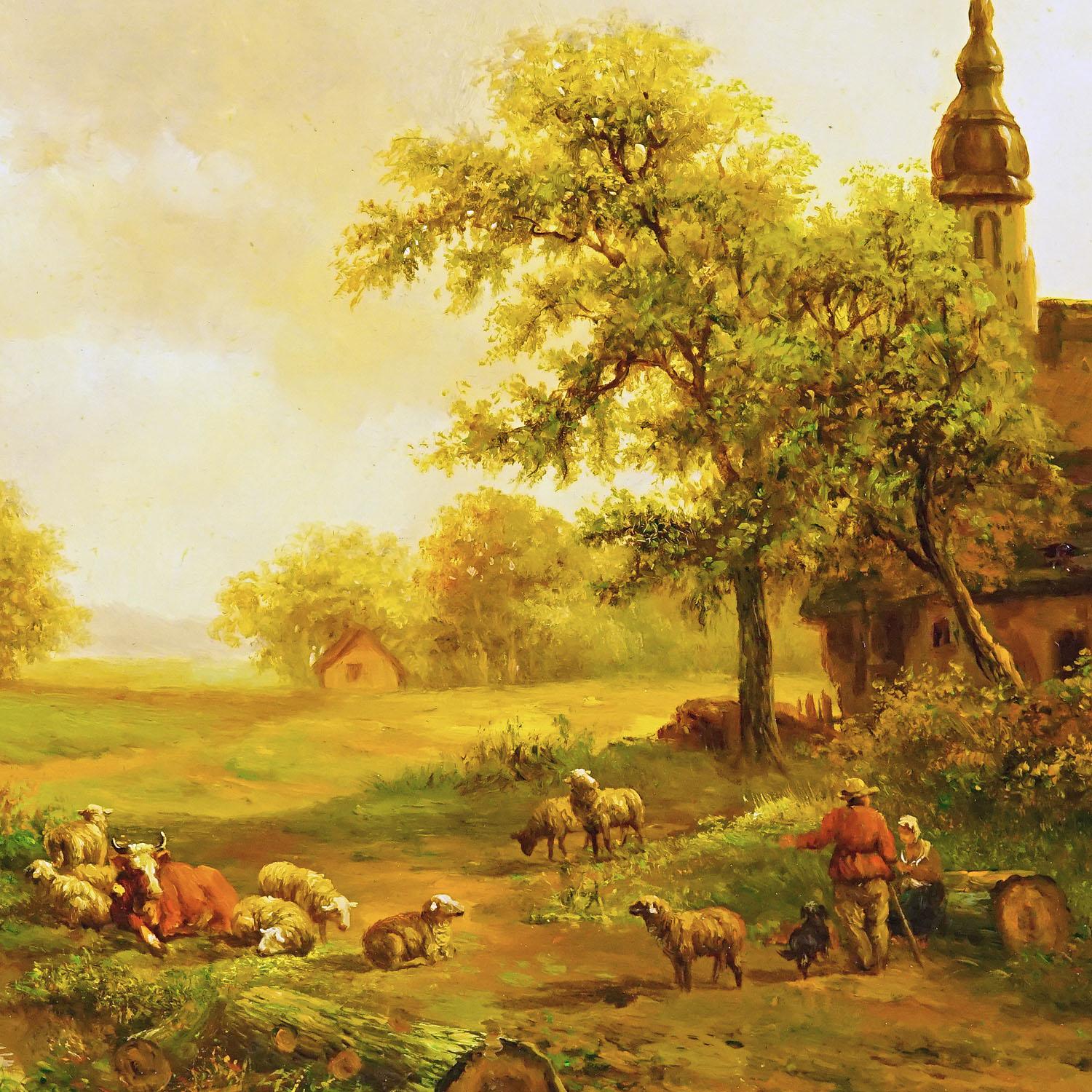 German Shepherd with Herd in a Victorian Landscape, Oil on Wood, 19th Century For Sale