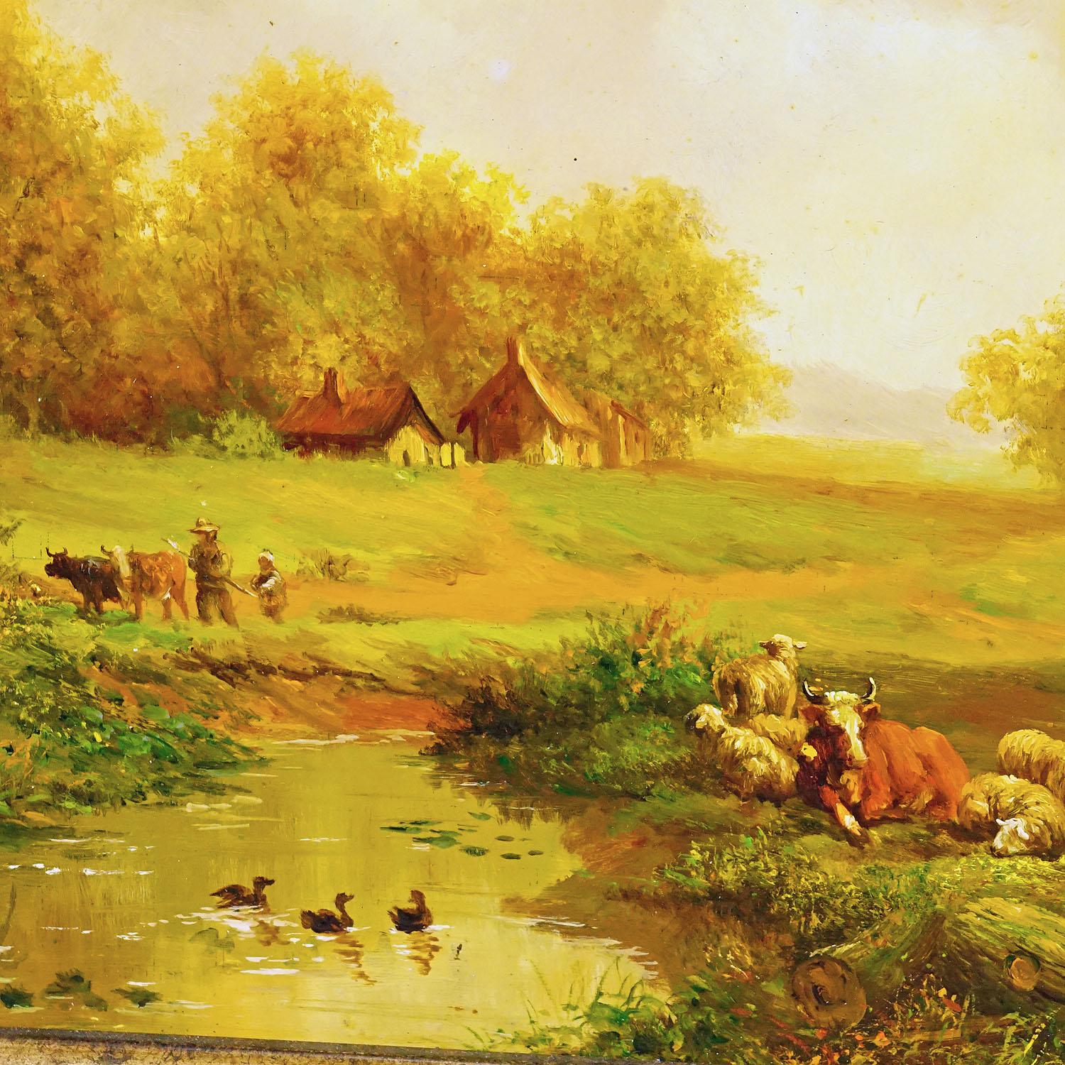 Painted Shepherd with Herd in a Victorian Landscape, Oil on Wood, 19th Century For Sale