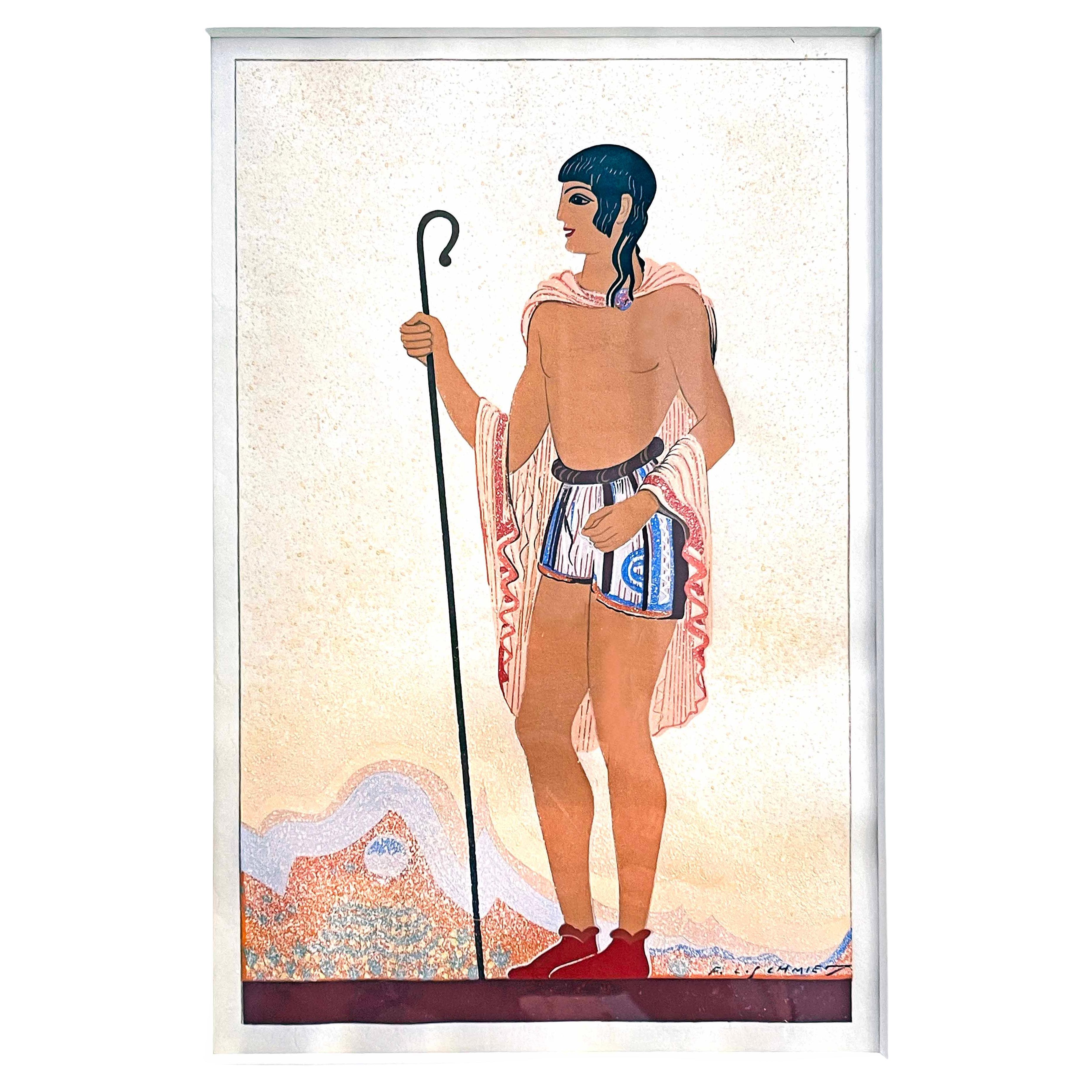 "Shepherd with Staff", High Style Art Deco Painting by Schmied, Book Illustrator For Sale