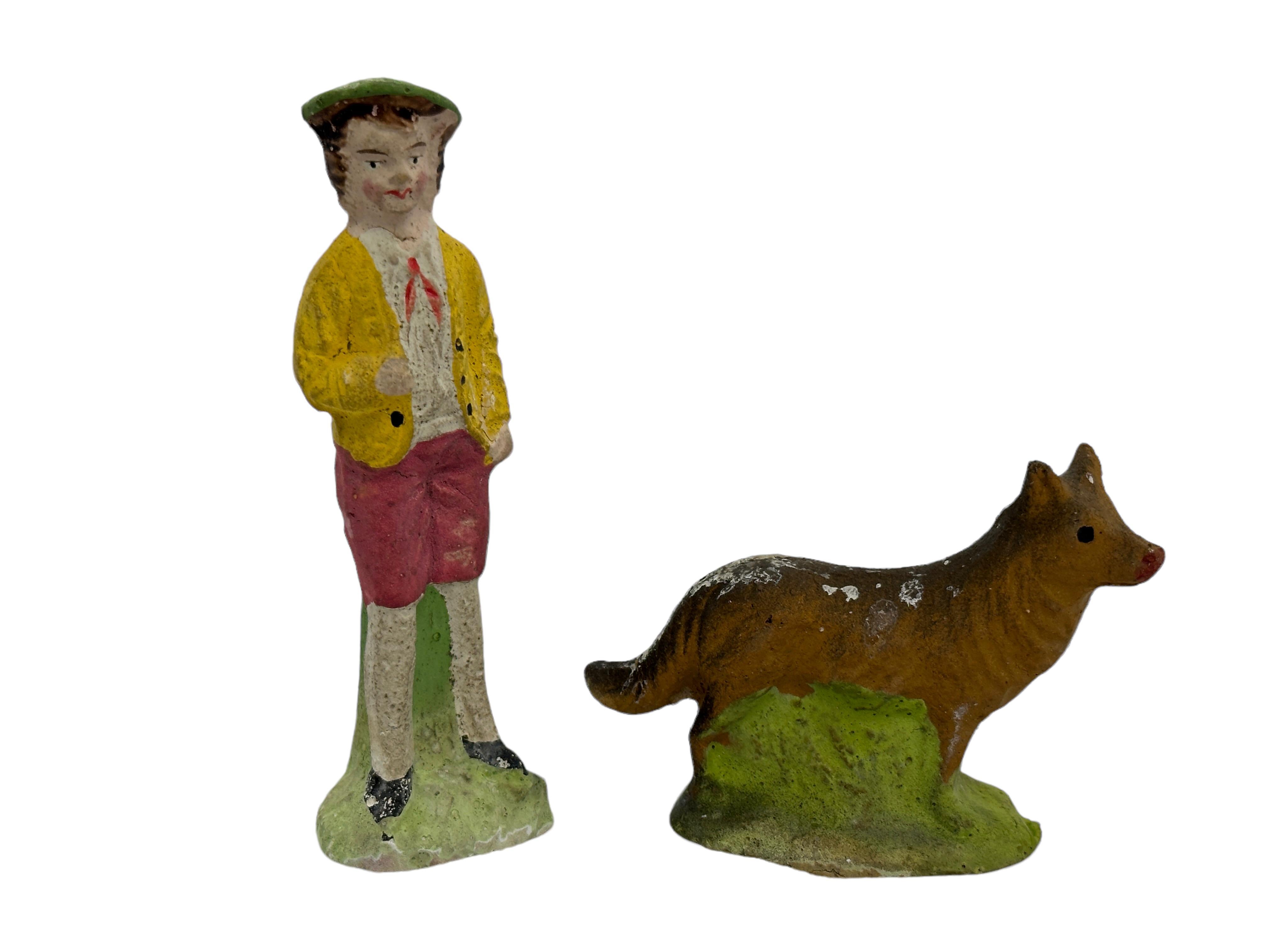 Composition Shepherd & Wooly Sheep Putz Toy Set Antique German Christmas 1900s, original Box For Sale