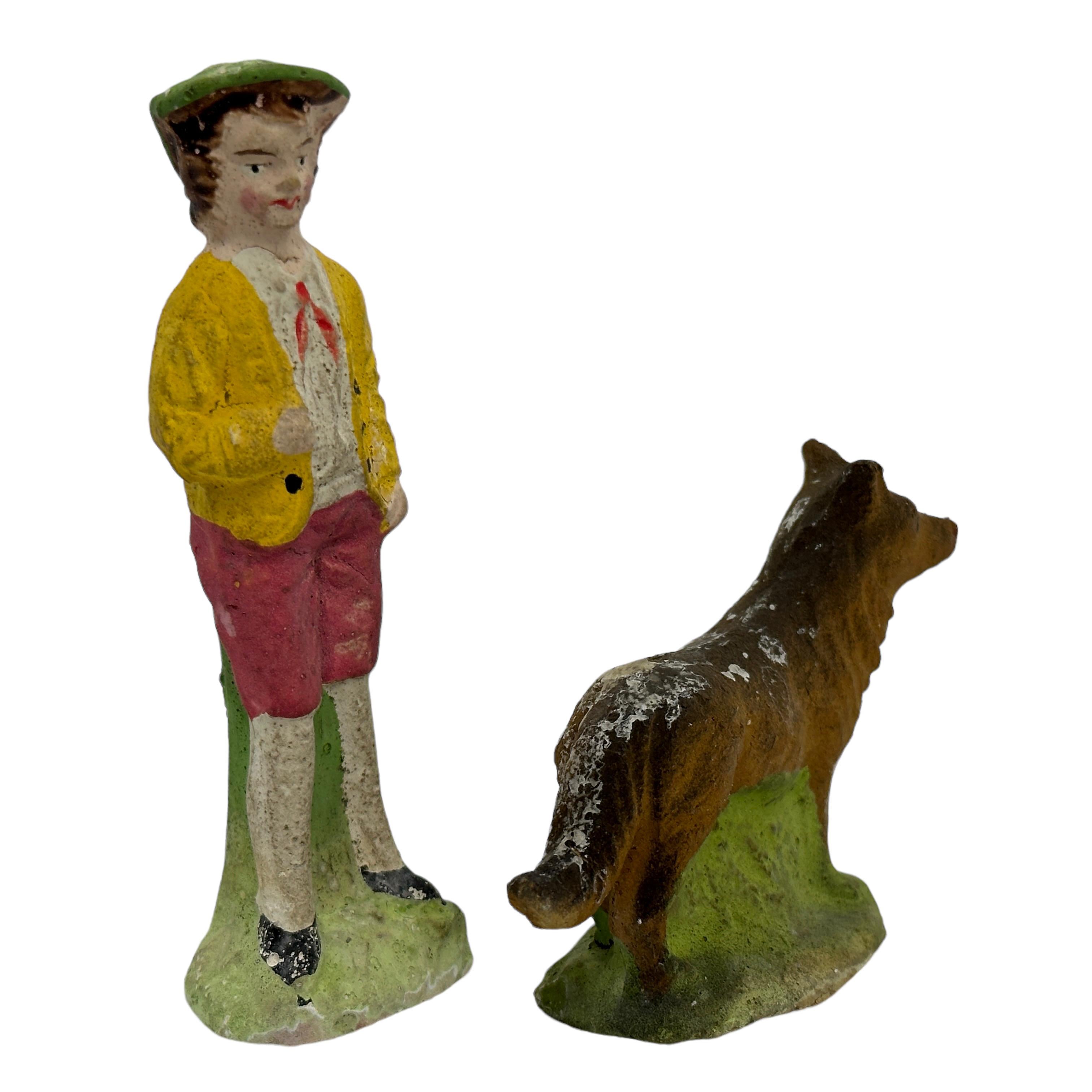 Composition Shepherd & Wooly Sheep Putz Toy Set Antique German Christmas 1900s, original Box For Sale