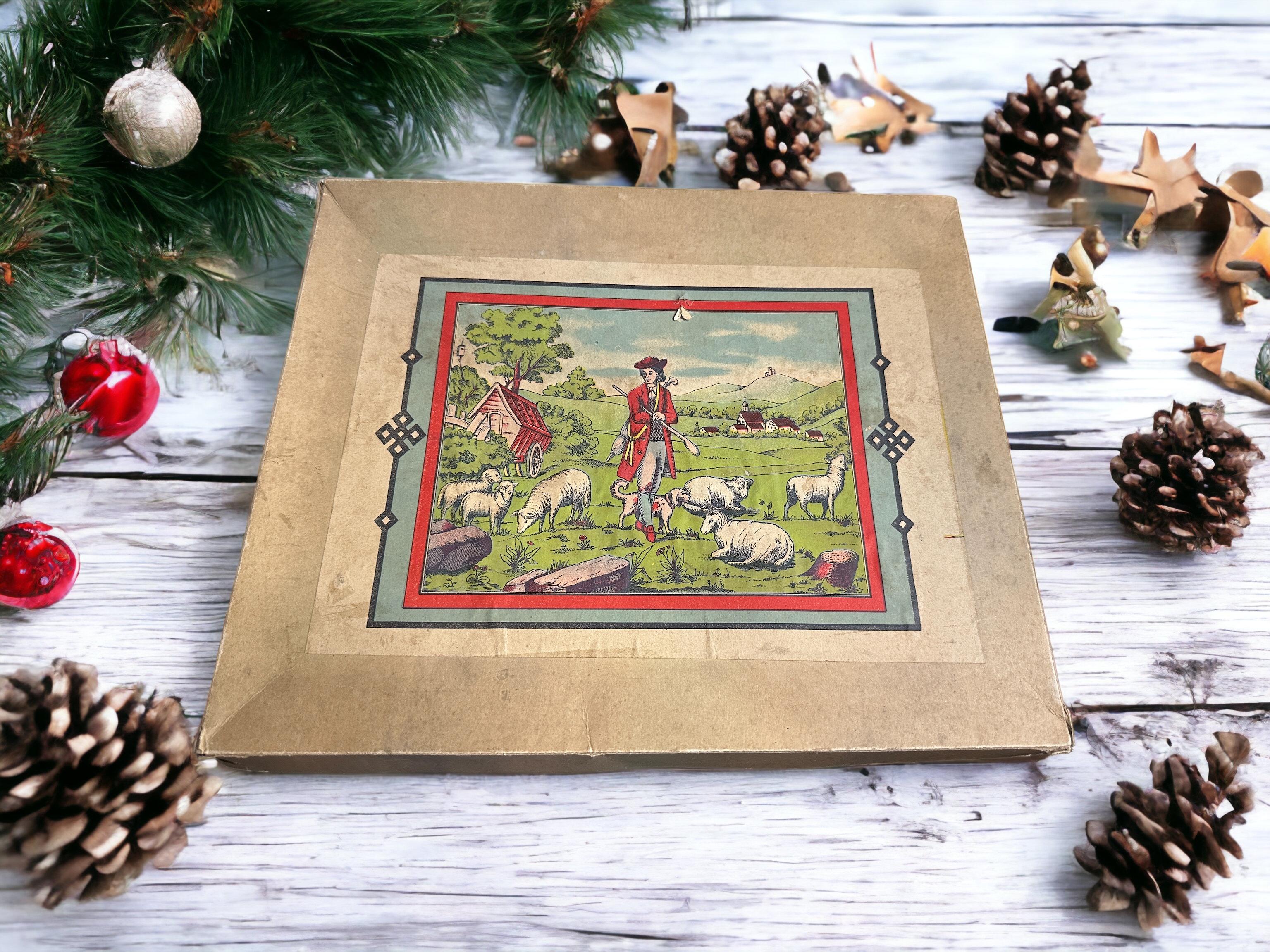 Berger et mouton laineux Putz Toy Set Antique German Christmas 1900s, original Box en vente 4