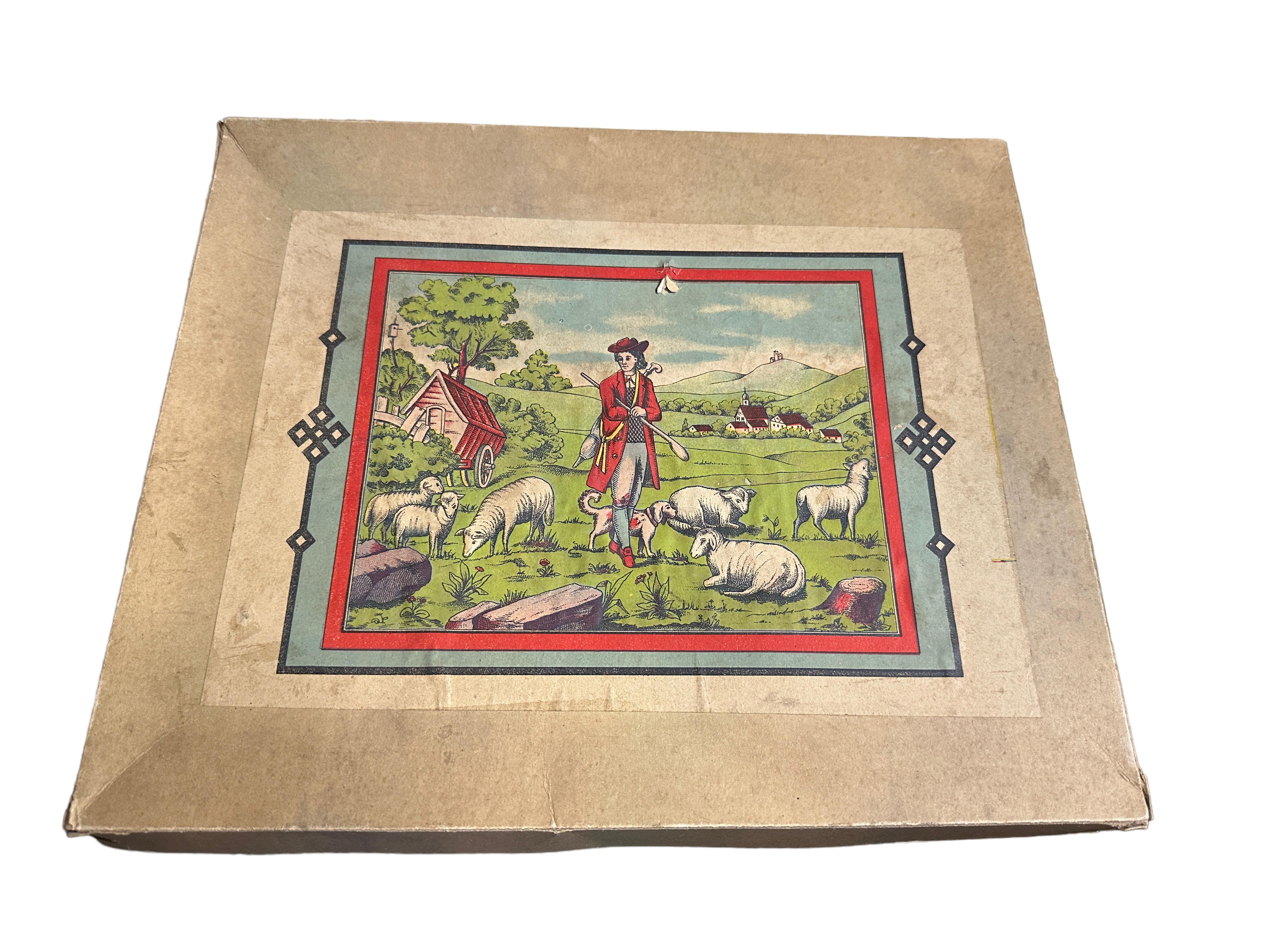 Shepherd & Wooly Sheep Putz Toy Set Antique German Christmas 1900s, original Box For Sale 4