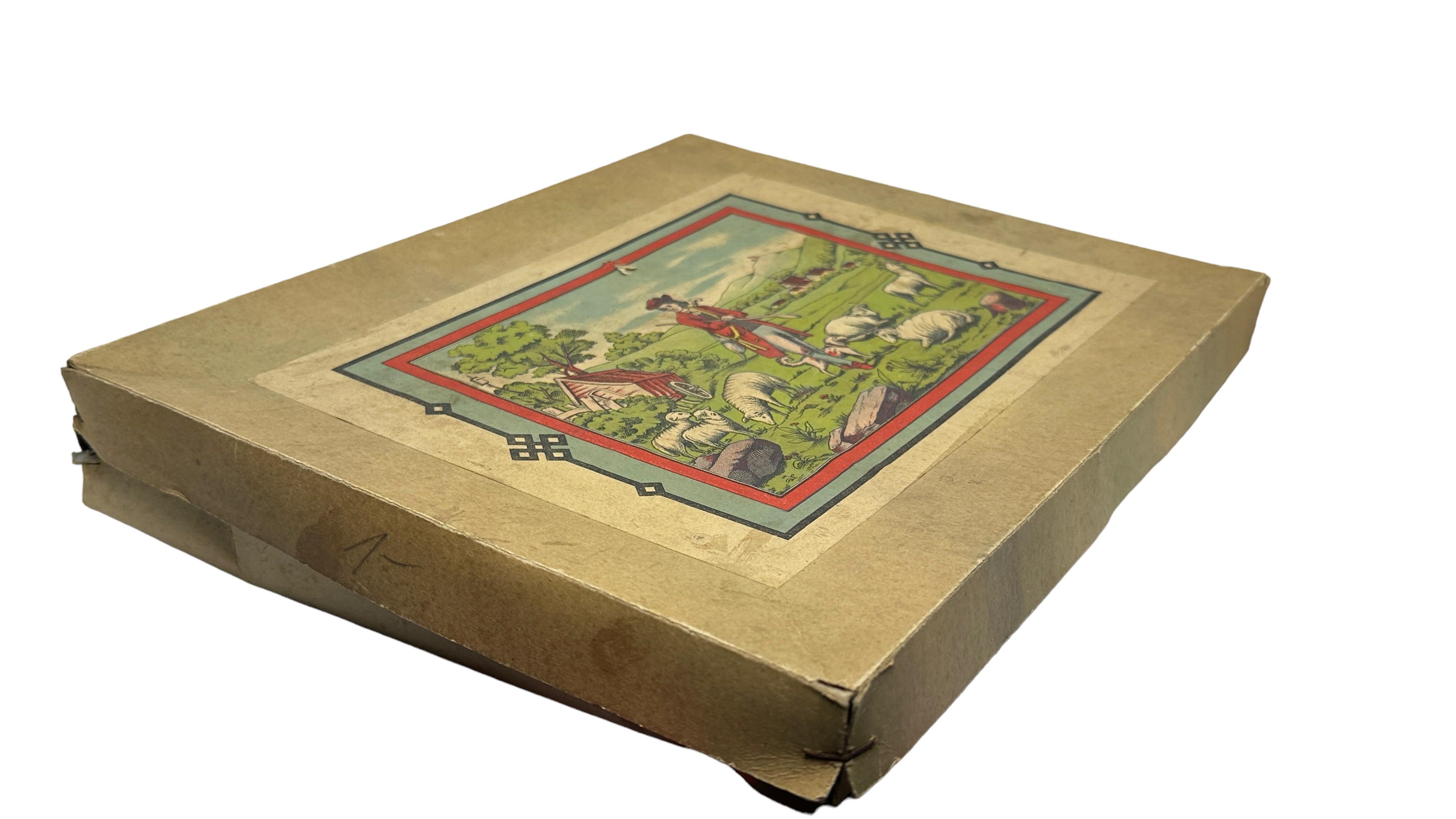 Shepherd & Wooly Sheep Putz Toy Set Antique German Christmas 1900s, original Box For Sale 5