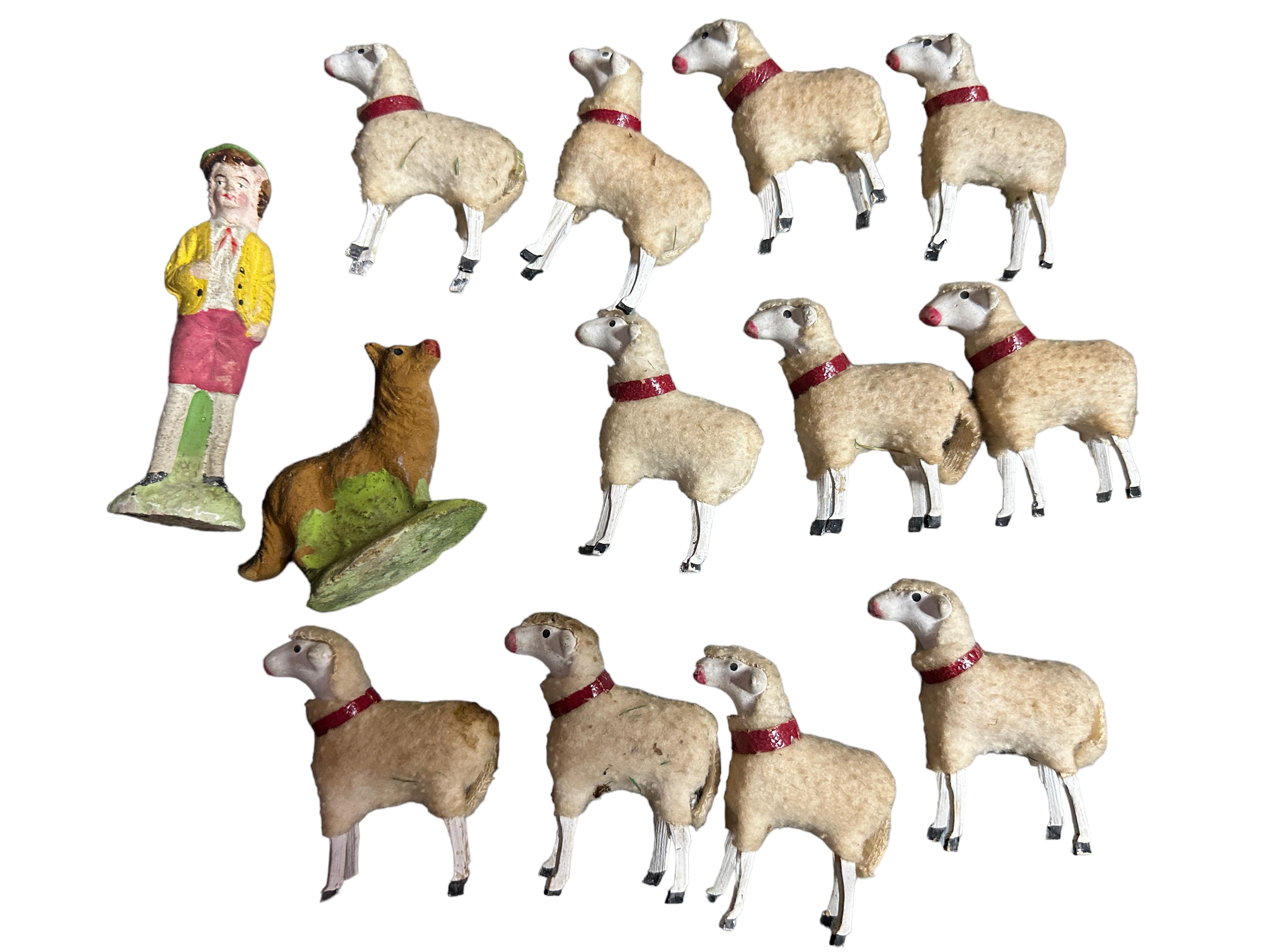 Folk Art Shepherd & Wooly Sheep Putz Toy Set Antique German Christmas 1900s, original Box For Sale