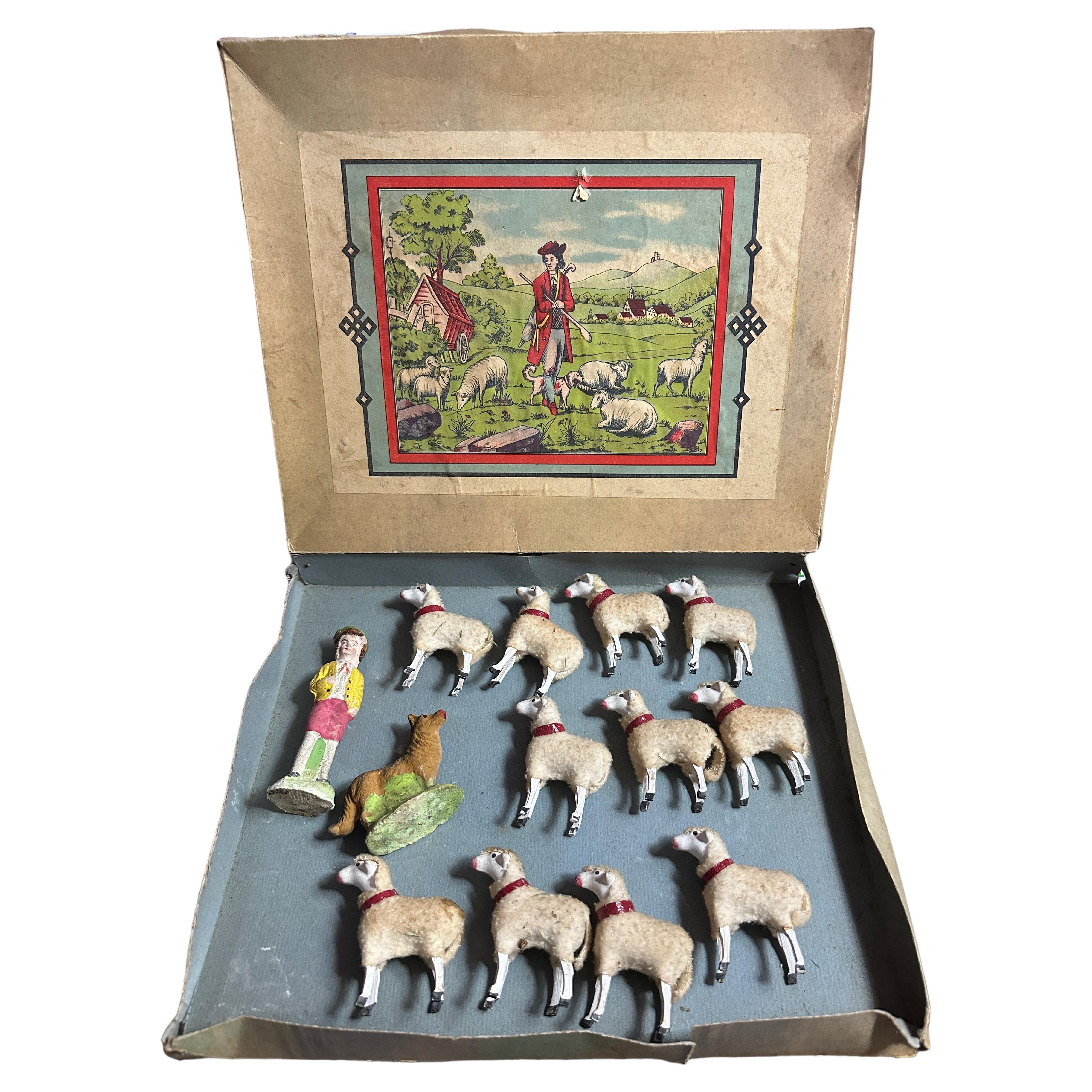 Shepherd & Wooly Sheep Putz Toy Set Antique German Christmas 1900s, original Box For Sale