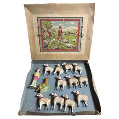 Shepherd & Wooly Sheep Putz Toy Set Antique German Christmas 1900s, original Box