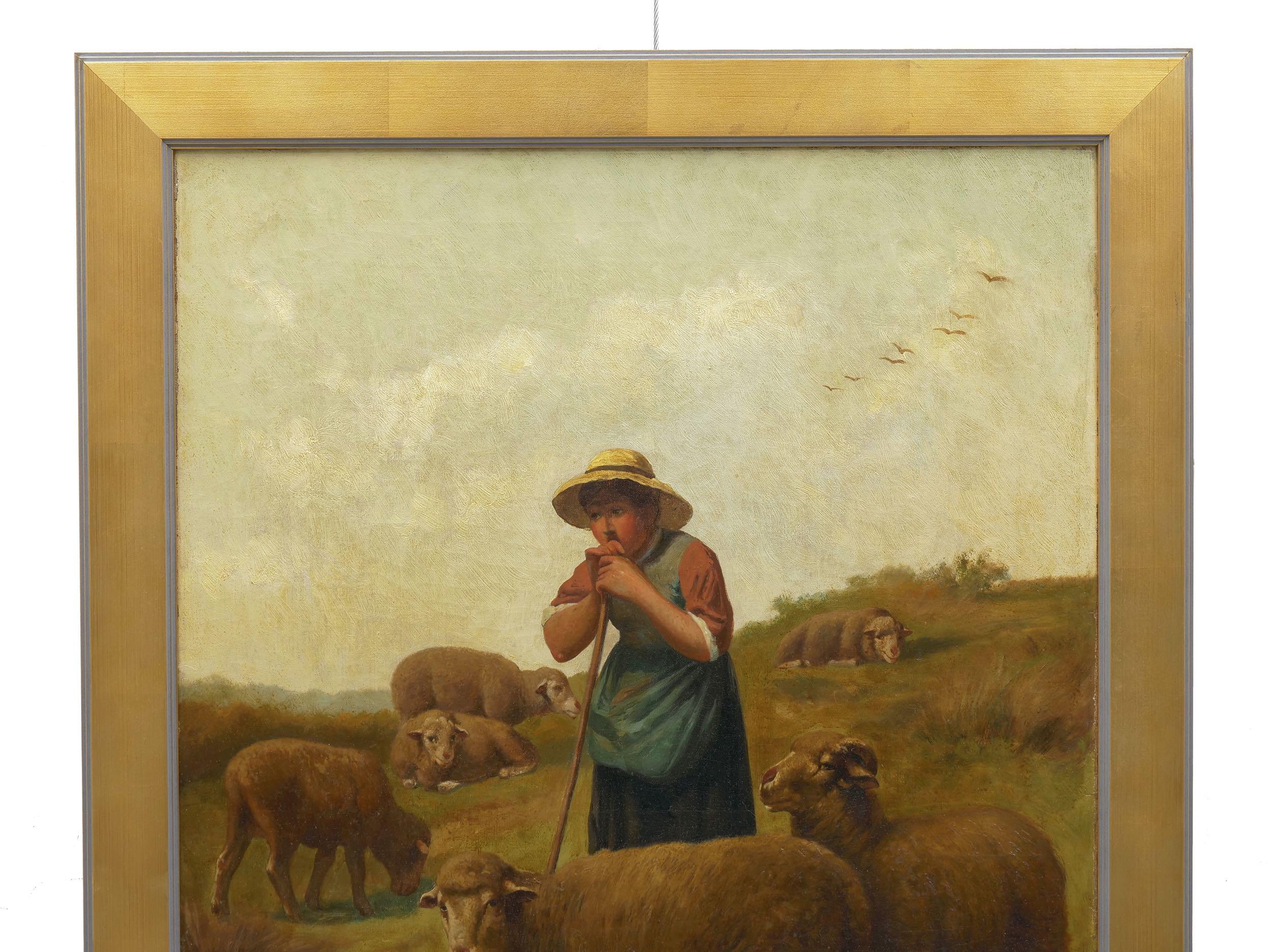 European “Shepherdess and Her Sheep” Antique Oil Painting Signed Franz de Beul, 19th C