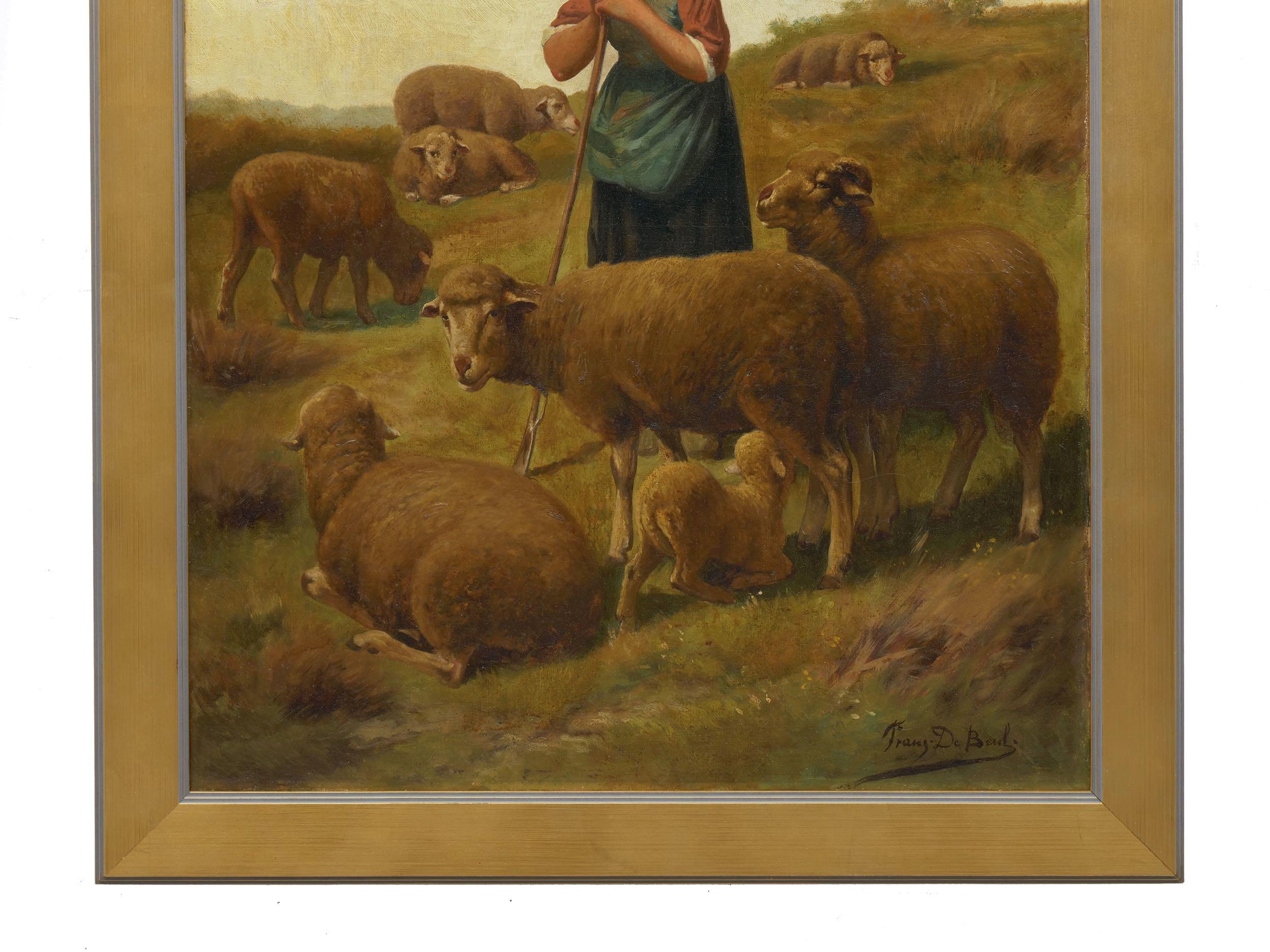 Hand-Painted “Shepherdess and Her Sheep” Antique Oil Painting Signed Franz de Beul, 19th C