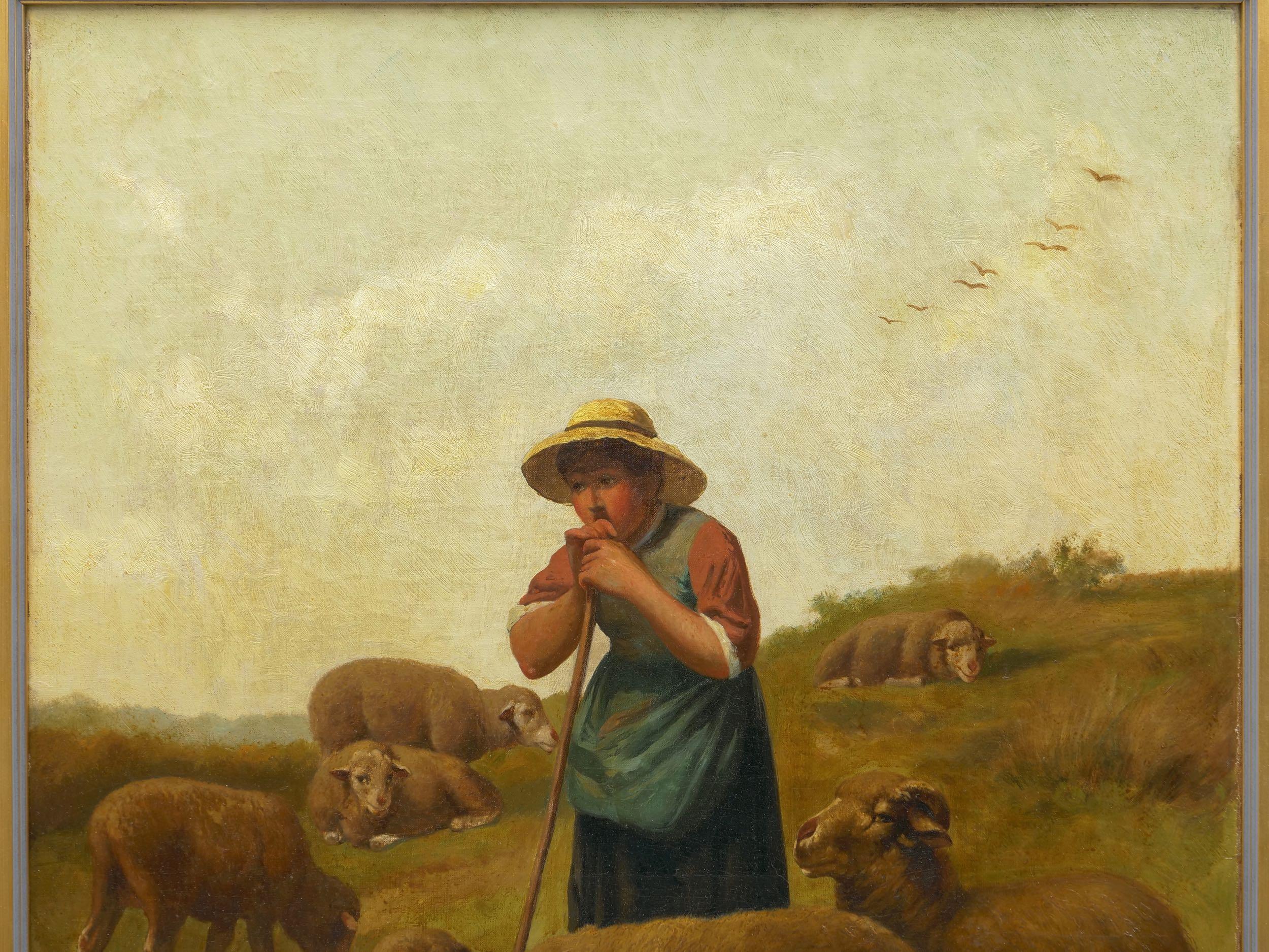 “Shepherdess and Her Sheep” Antique Oil Painting Signed Franz de Beul, 19th C In Good Condition In Shippensburg, PA