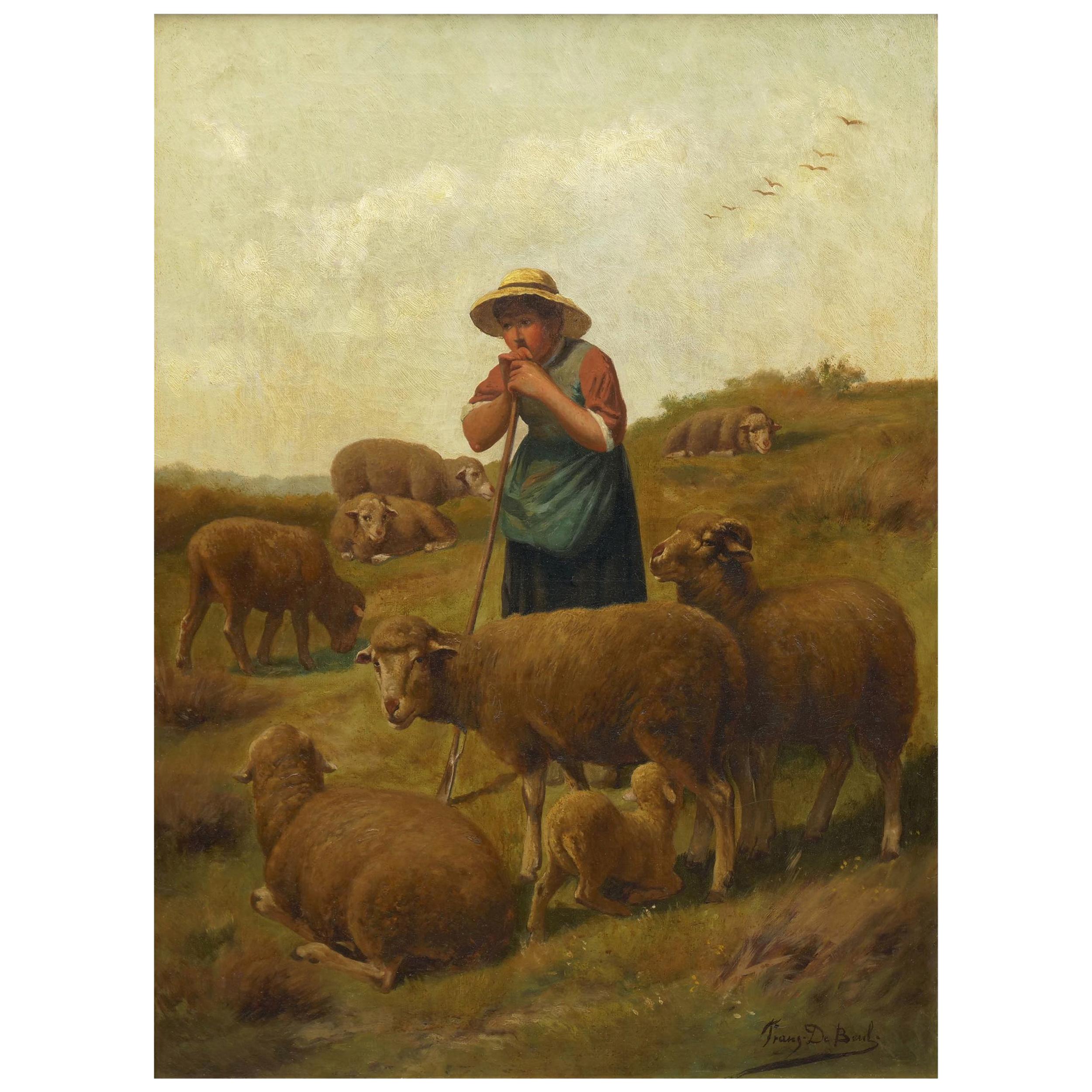 “Shepherdess and Her Sheep” Antique Oil Painting Signed Franz de Beul, 19th C