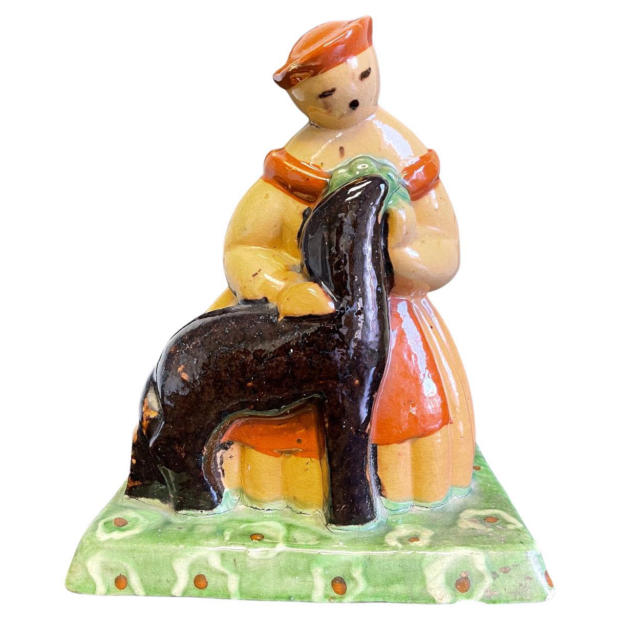 "Shepherdess and Lamb, " Brilliantly-Glazed Art Deco Sculpture, Primavera, France For Sale