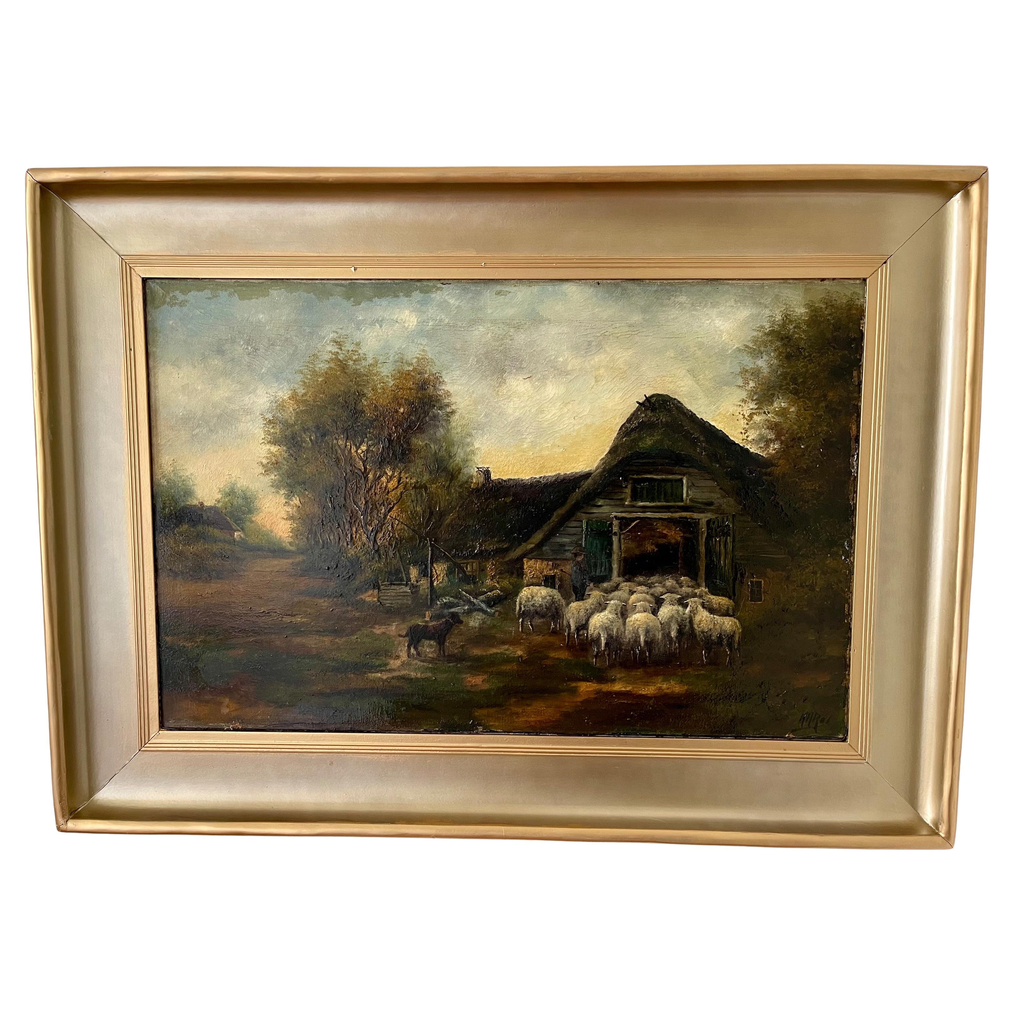 Peinture de la cabane du berger avec berger et troupeau de moutons en vente