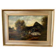 Antique Shepherd's Hut Painting with Shepherd and Flock of Sheep