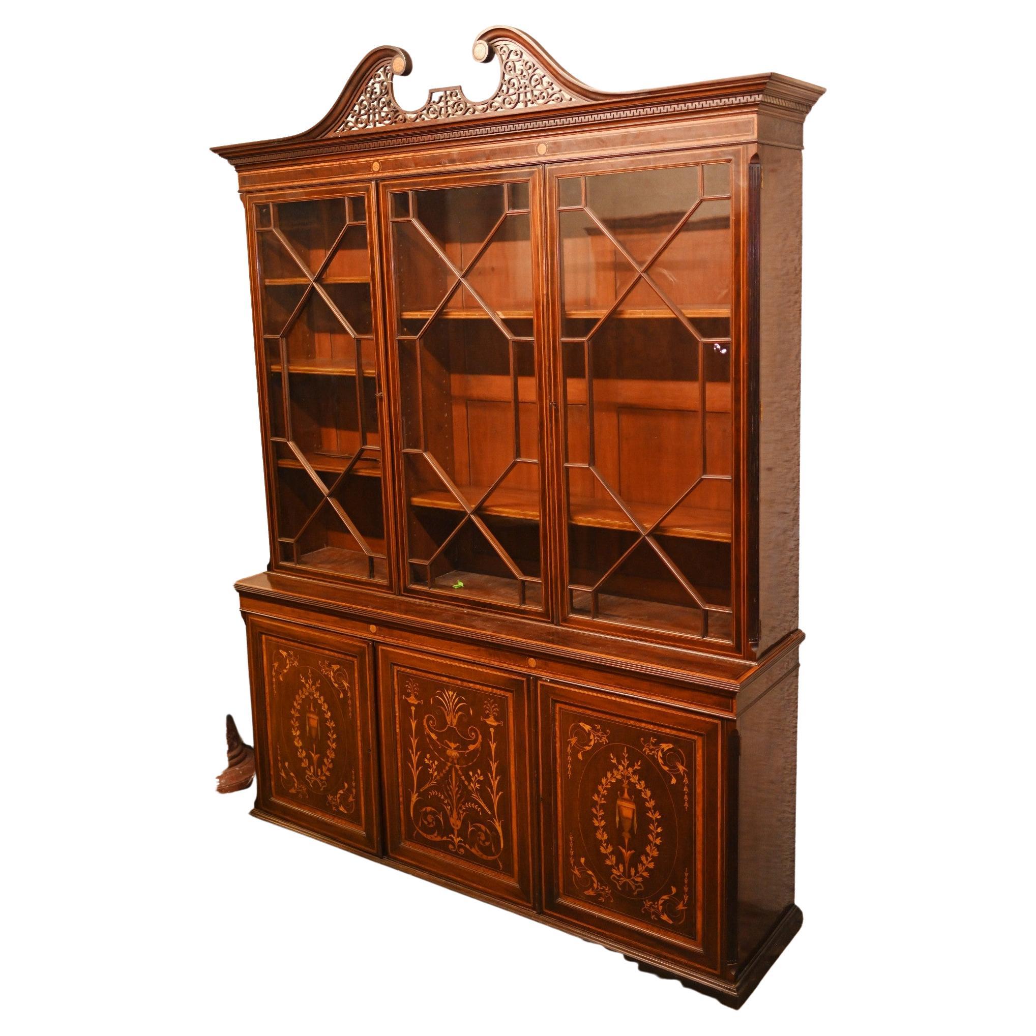 Sheraton Breakfront Bookcase Mahogany Marquetry Inlay