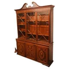 Vintage Sheraton Breakfront Bookcase Mahogany Marquetry Inlay