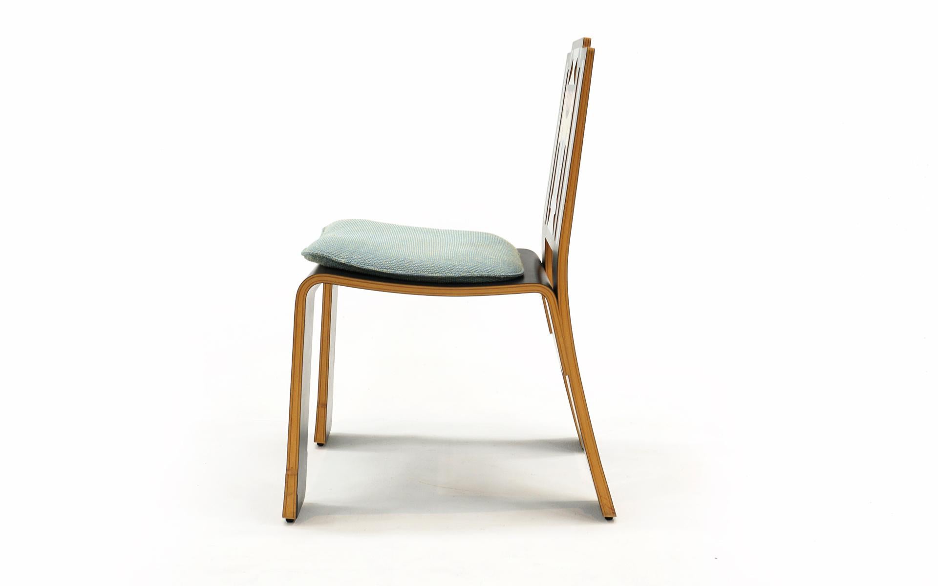 Sheraton chair designed by Robert Venturi and Denise Scott Brown for Knoll in 1984. This example has a manufacturing date of June 1, 1987 as shown on the label on the underside of the chair. The light blue cushion has no tears or holes with few