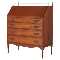Sheraton Cherry Drop Front Desk with Graduated Drawers & Brass Gallery, C1820