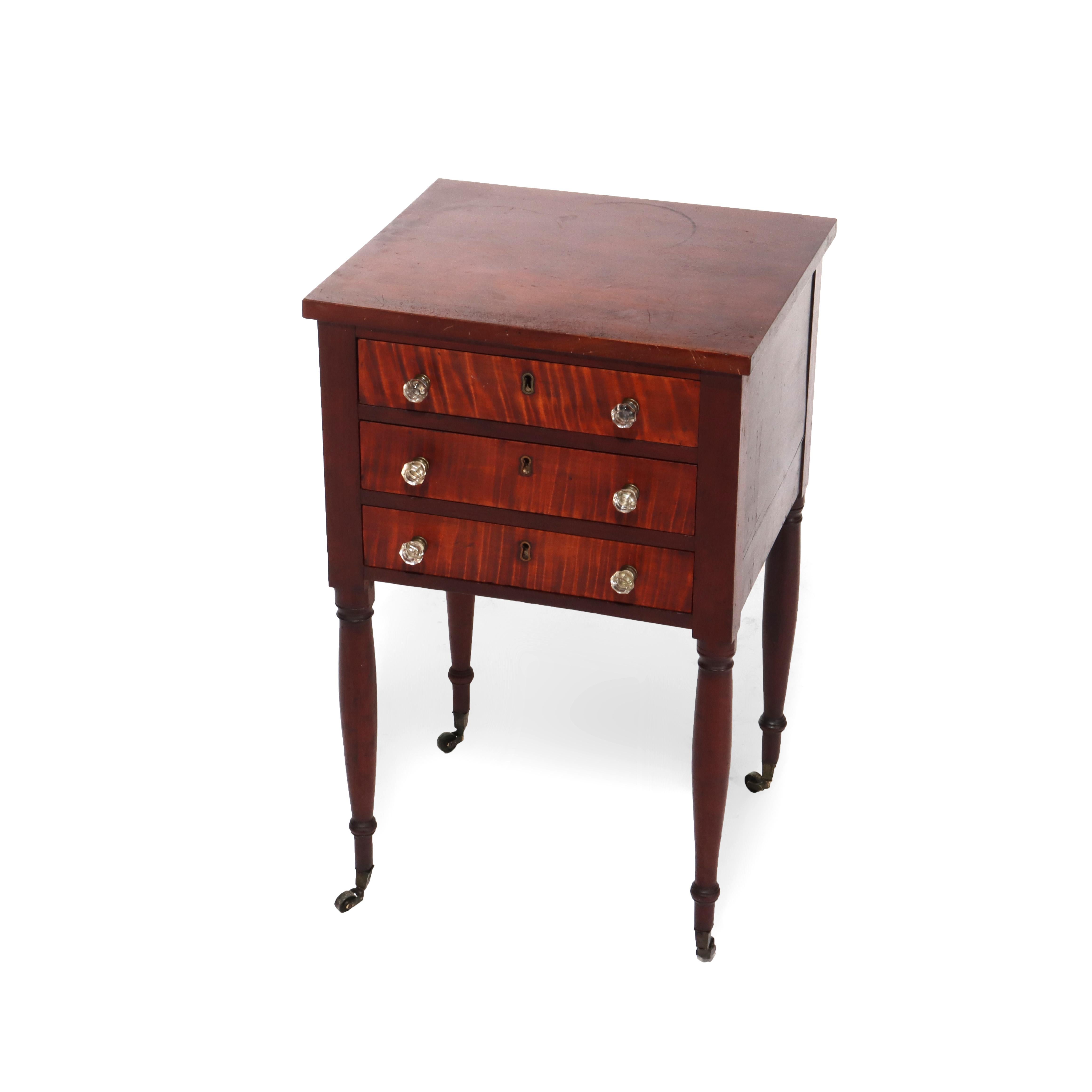 ***Reduced In-House Delivery Rates - Click on “Ask Seller” to Request a Quote***
Sheraton Cherry & Tiger Maple 3 Drawer Sewing Stand C1830
Measures - 28 1/8